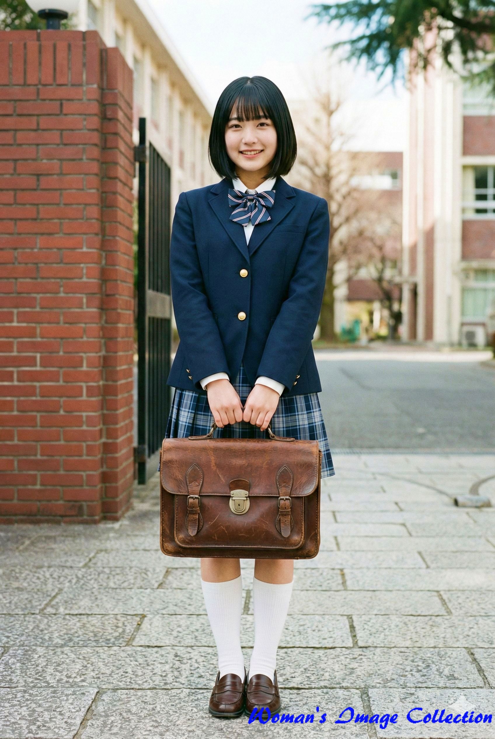 学校の校門前でカバンを持つ女子高生のAI画像2