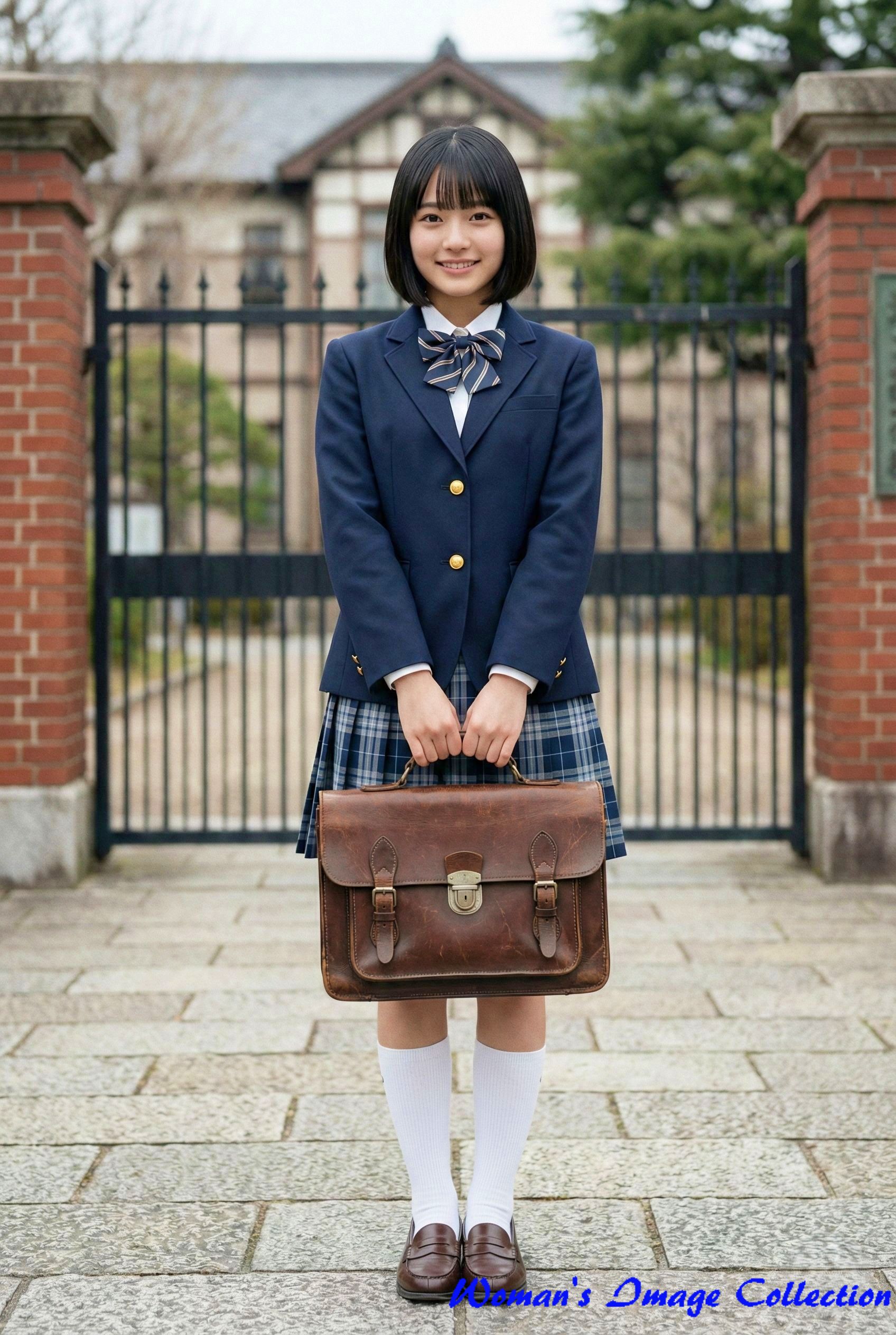 学校の校門前でカバンを持つ女子高生のAI画像3