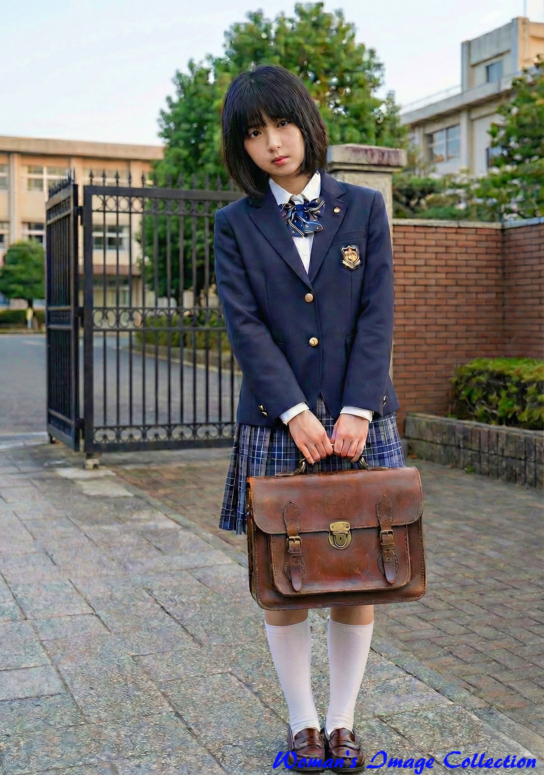 校の校門前でカバンを持つ女子高生のAI画像