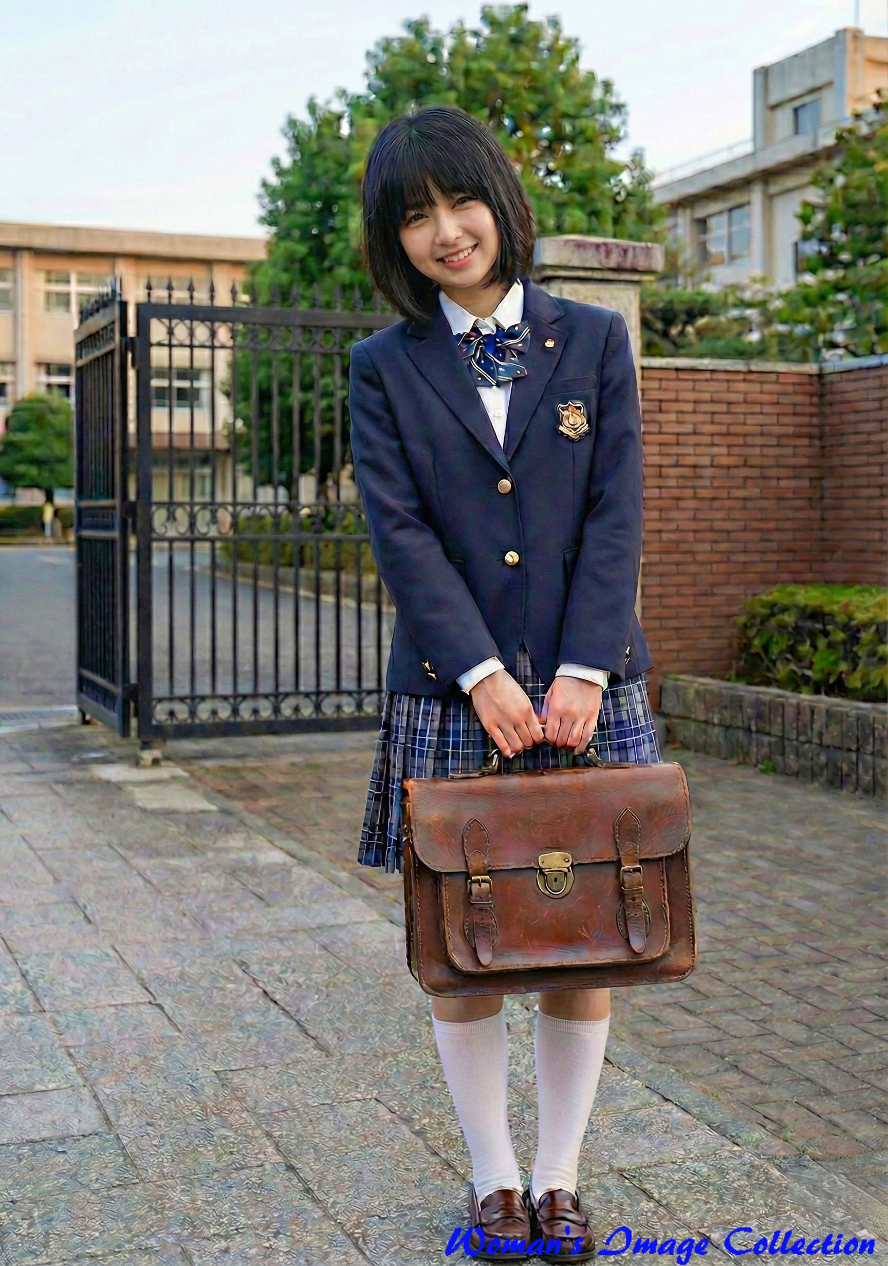 笑顔で校門に立つ女子高生