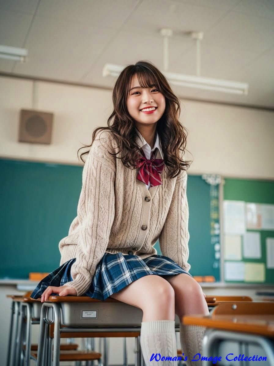 放課後の教室の机に座る女子学生のバリエーション2