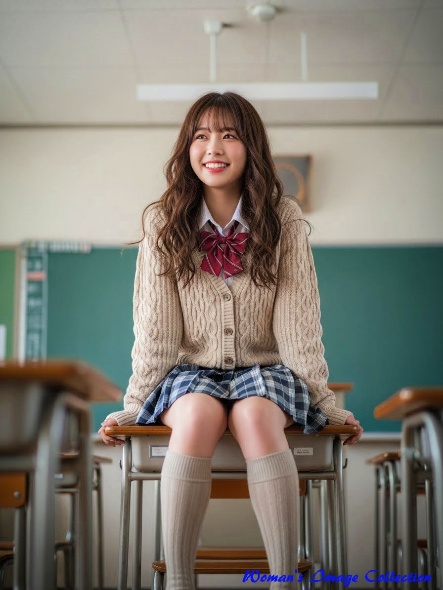 放課後の教室の机に座る女子学生のバリエーション3