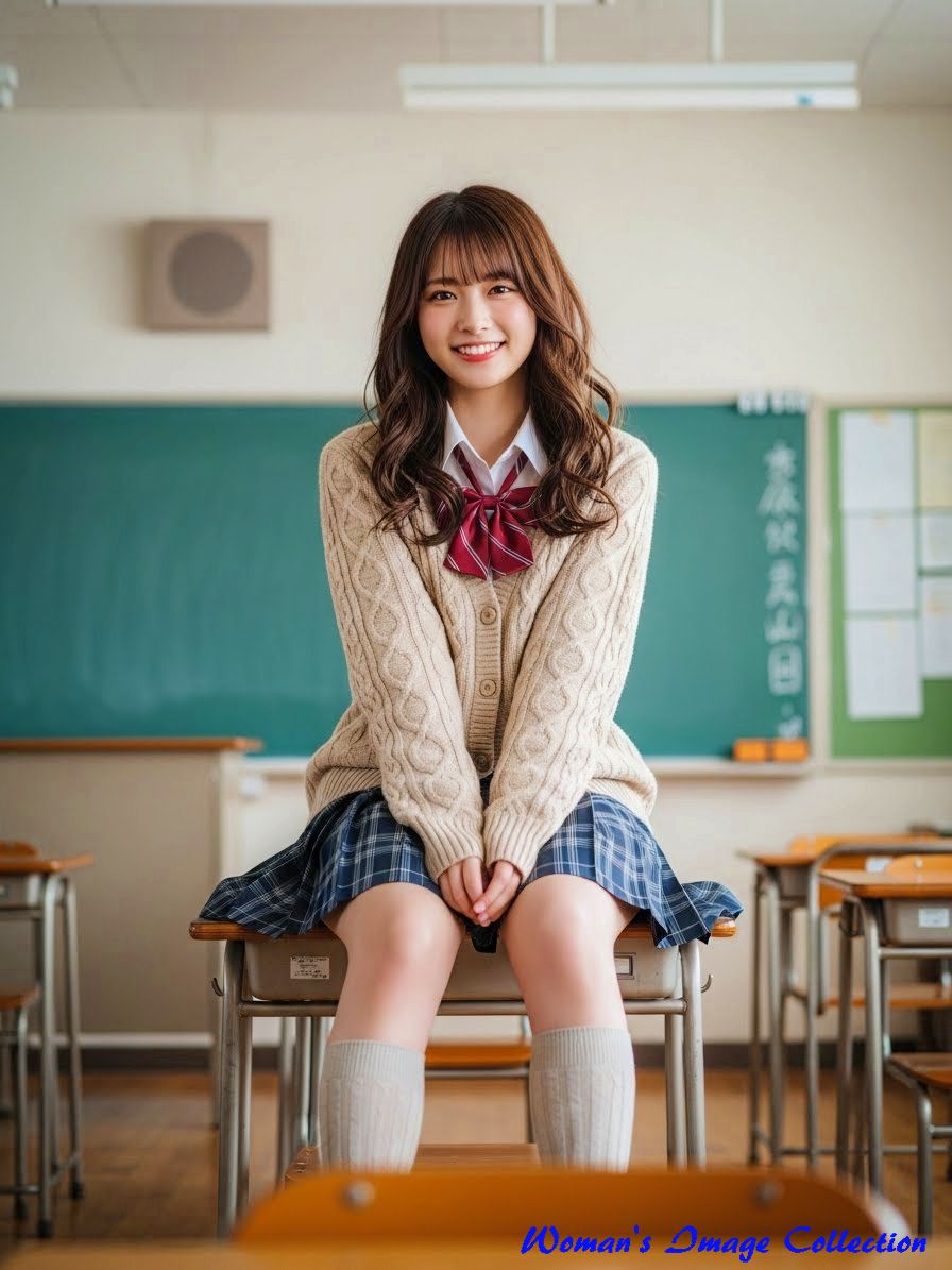 放課後の教室の机に座る女子学生のバリエーション4