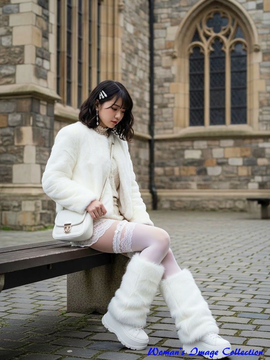 足元に番地のような文字がある、白い服を着て座る女性