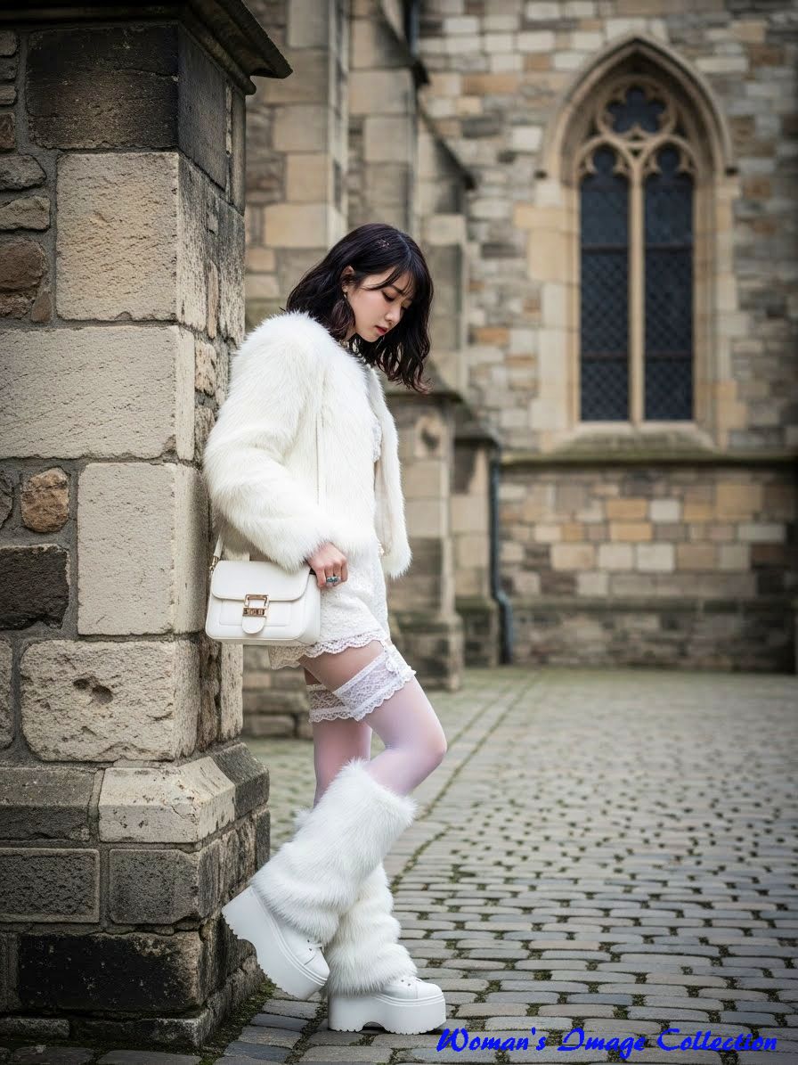 石造りの建物の前で白いファージャケットとレッグウォーマーを着て佇む女性の全身写真