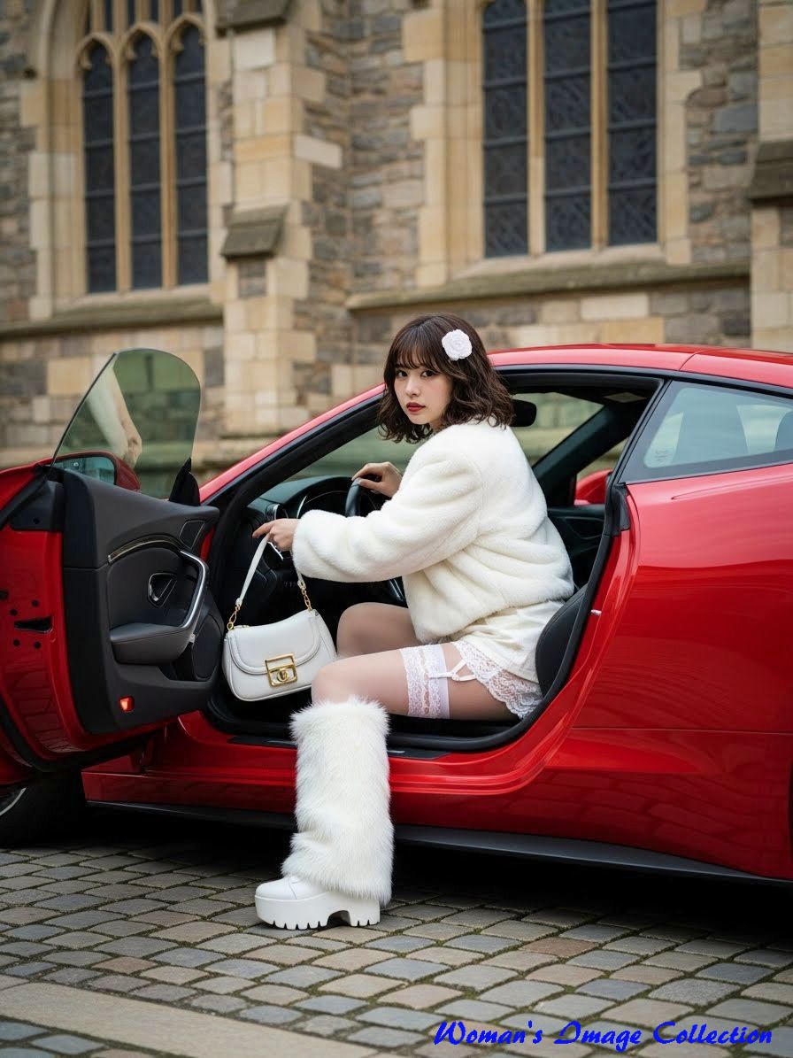 赤いスポーツカーに乗り込もうとしている白い服の女性