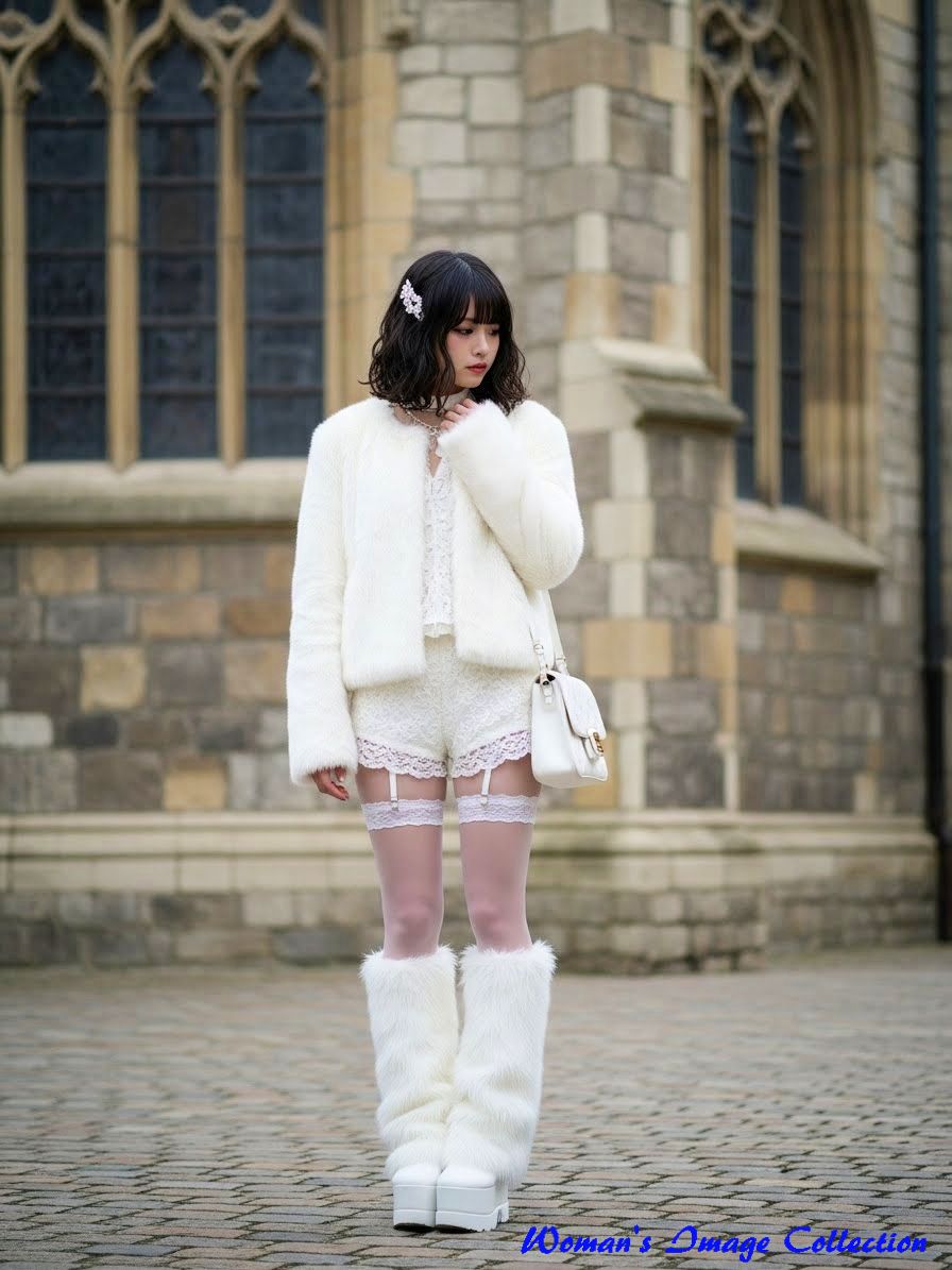 石造りの建物の前で白いファージャケットとレッグウォーマーを着て佇む女性の全身写真