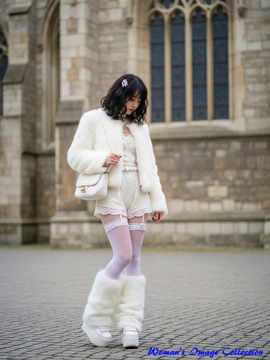 石造りの建物の前で白いファージャケットとレッグウォーマーを着て佇む女性の全身写真