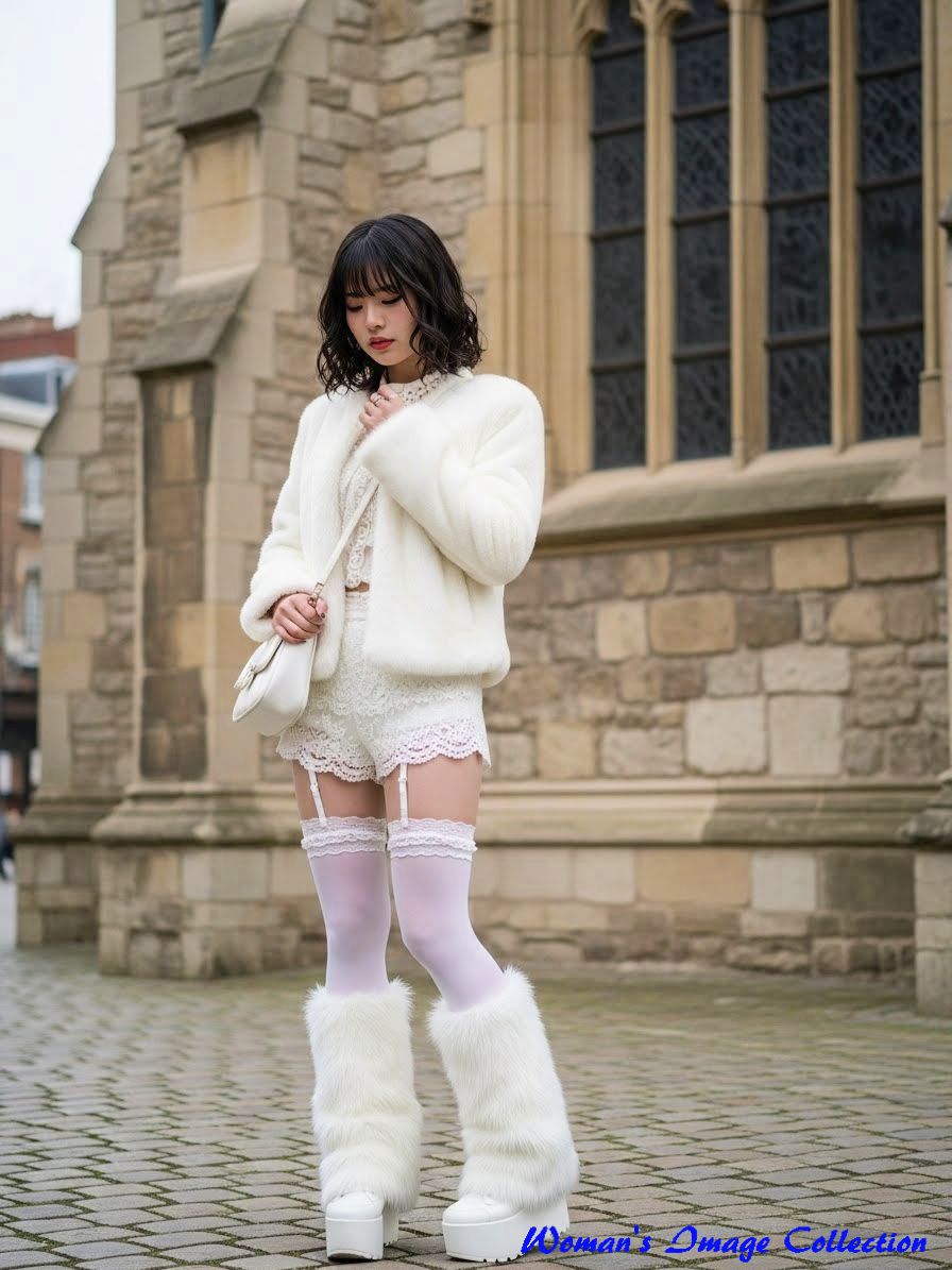 石造りの建物の前で白いファージャケットとレッグウォーマーを着て佇む女性の全身写真