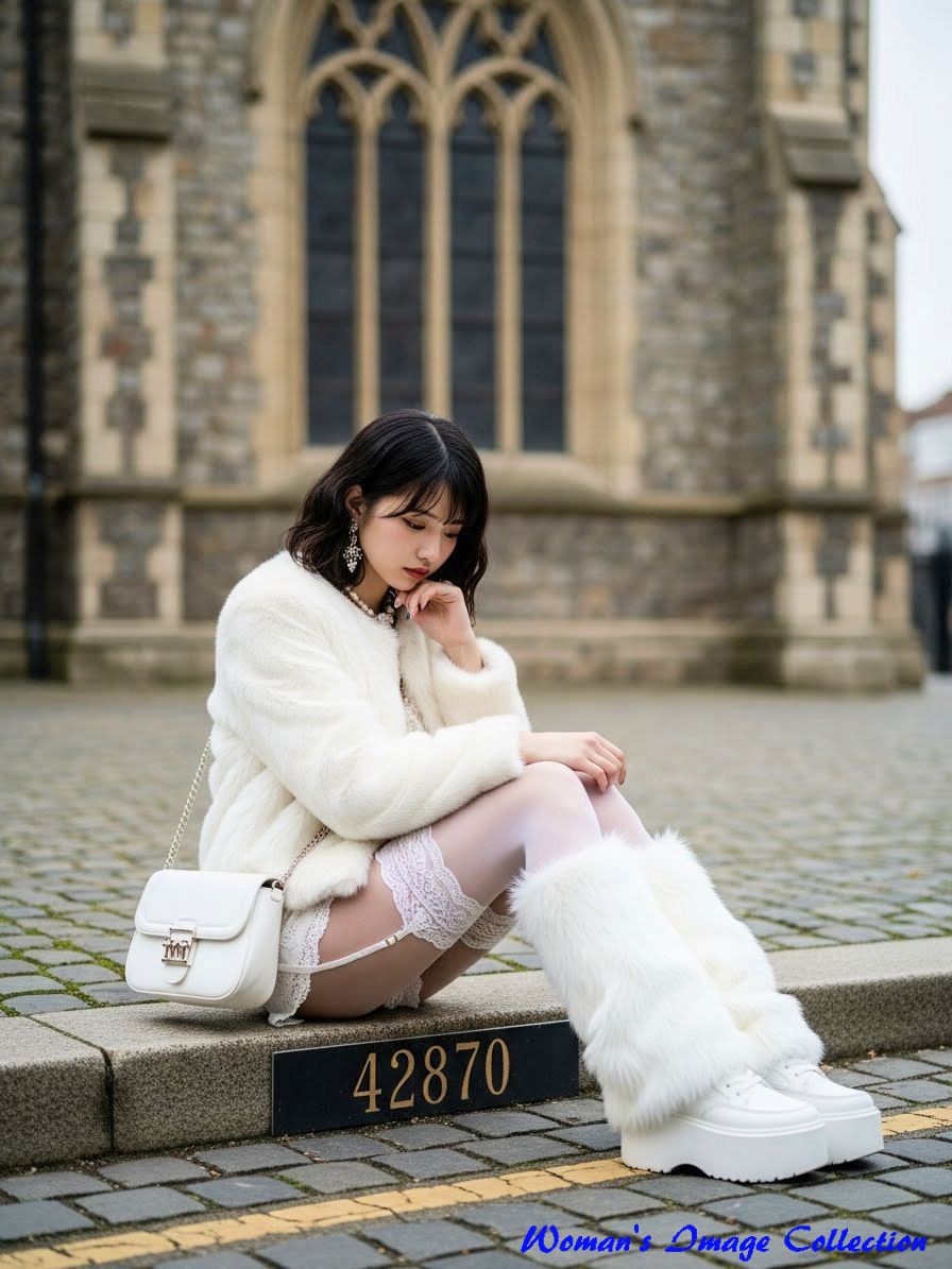 足元に番地のような文字がある、白い服を着て座る女性