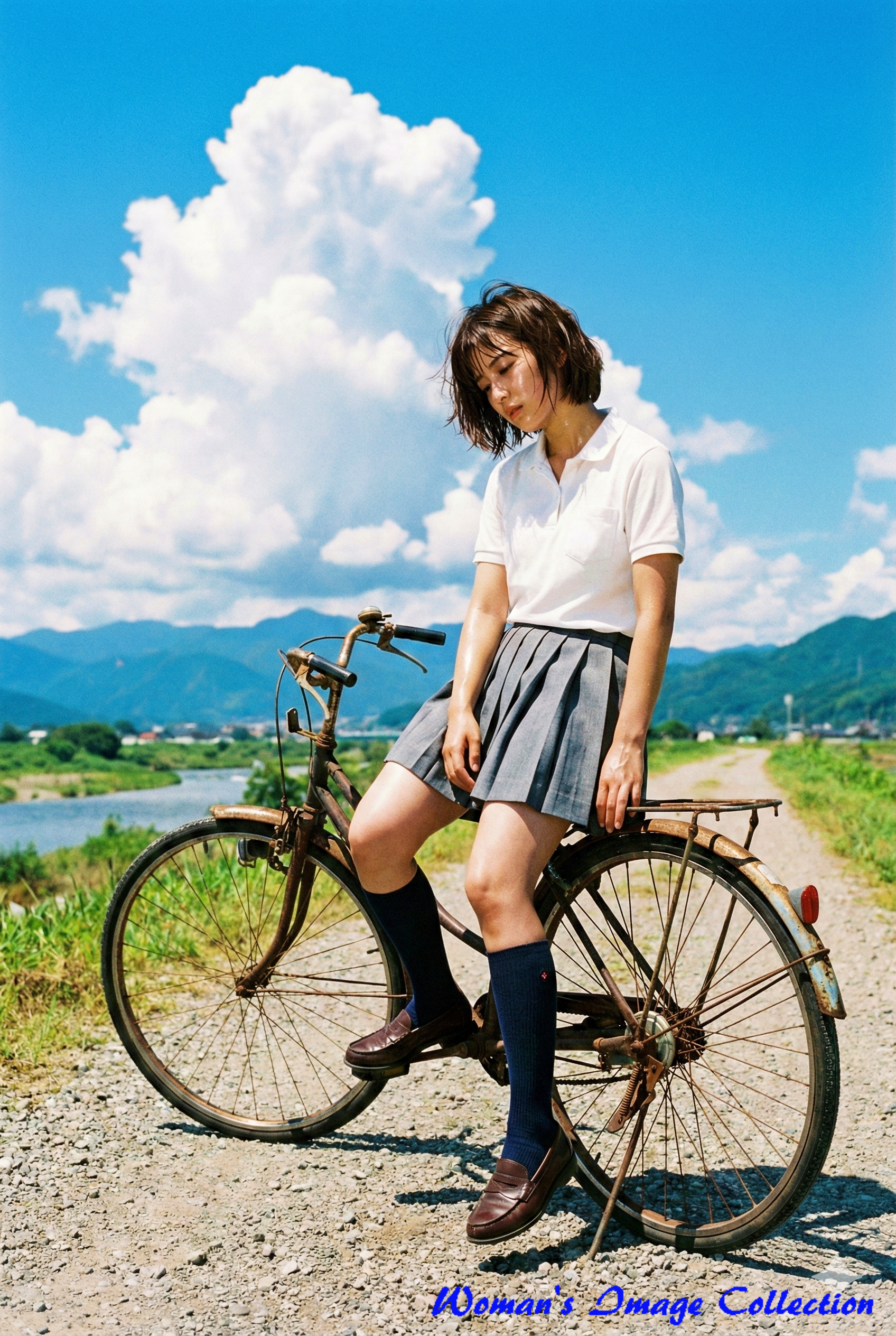 田舎の砂利道と入道雲を背景にした、ノスタルジックな夏の風景