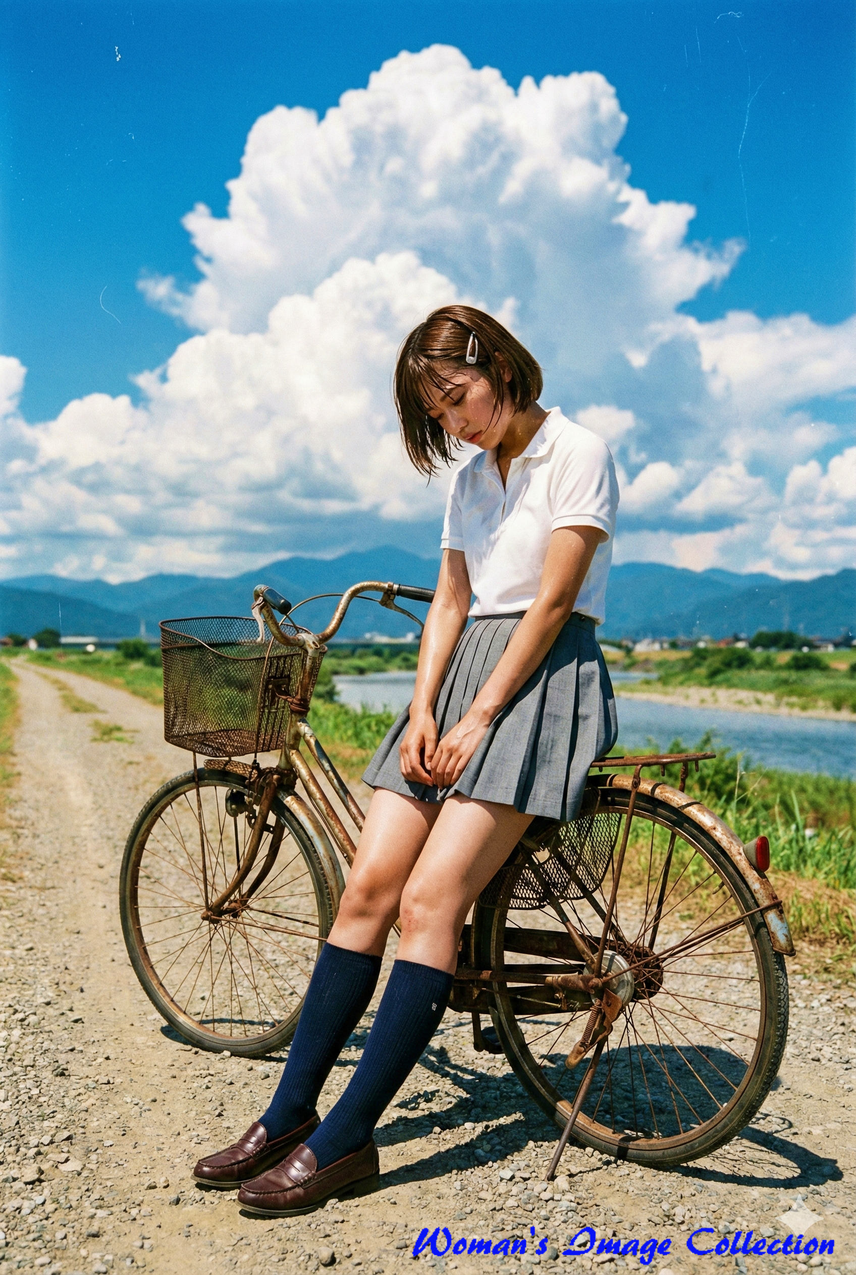 田舎の砂利道と入道雲を背景にした、ノスタルジックな夏の風景