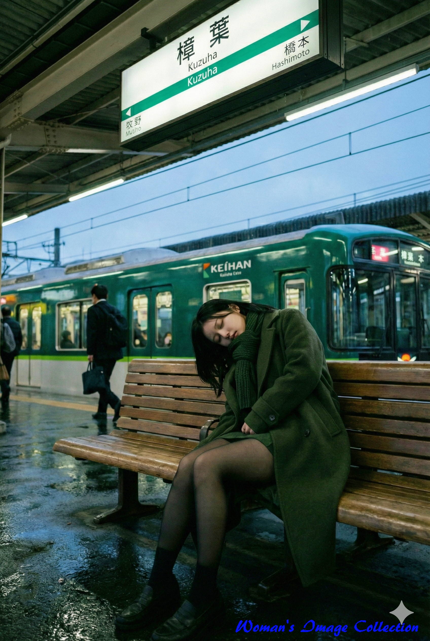 雨の降る駅のホームで、緑色のコートを着てベンチで眠る女性。背景に緑色の電車が停まっている。