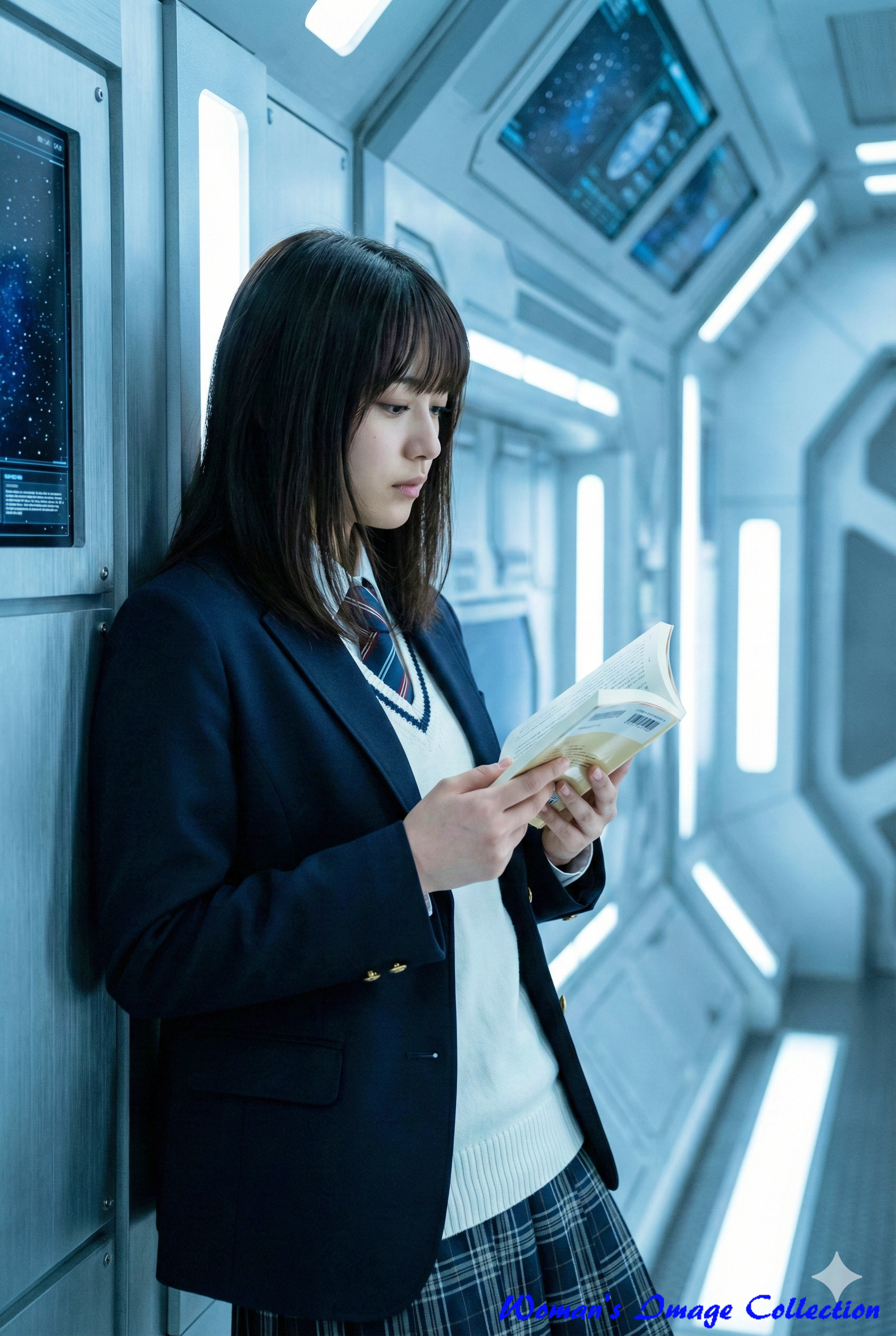 ：宇宙船のメタリックな通路で壁に寄りかかりペーパーバックを読む制服姿の女子高生 実写映画風シネマティックスタイル Gemini