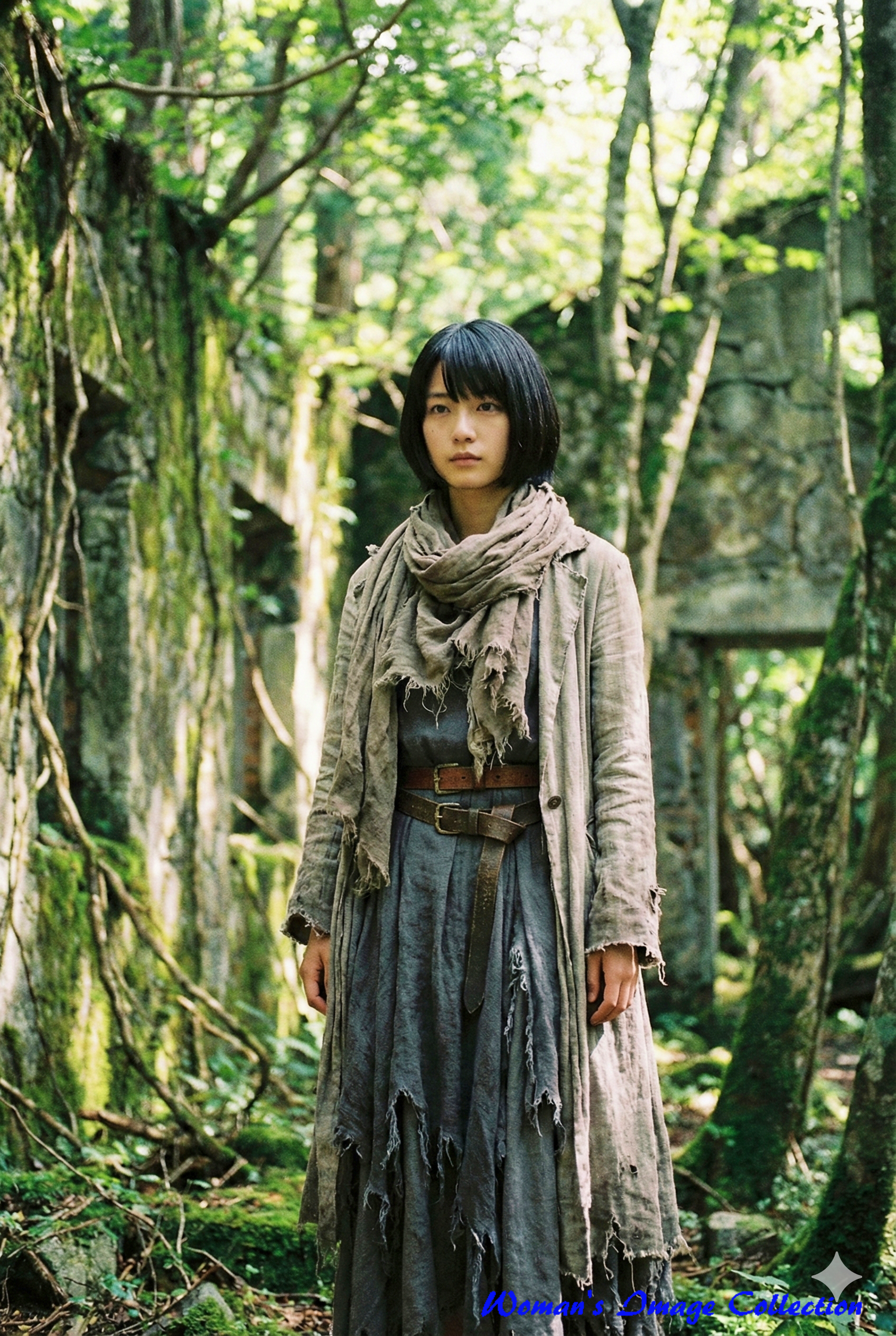 廃墟の森でボロ布のドレスを着て佇む黒髪ショートボブの日本人女性、フォトリアルなスタイル、