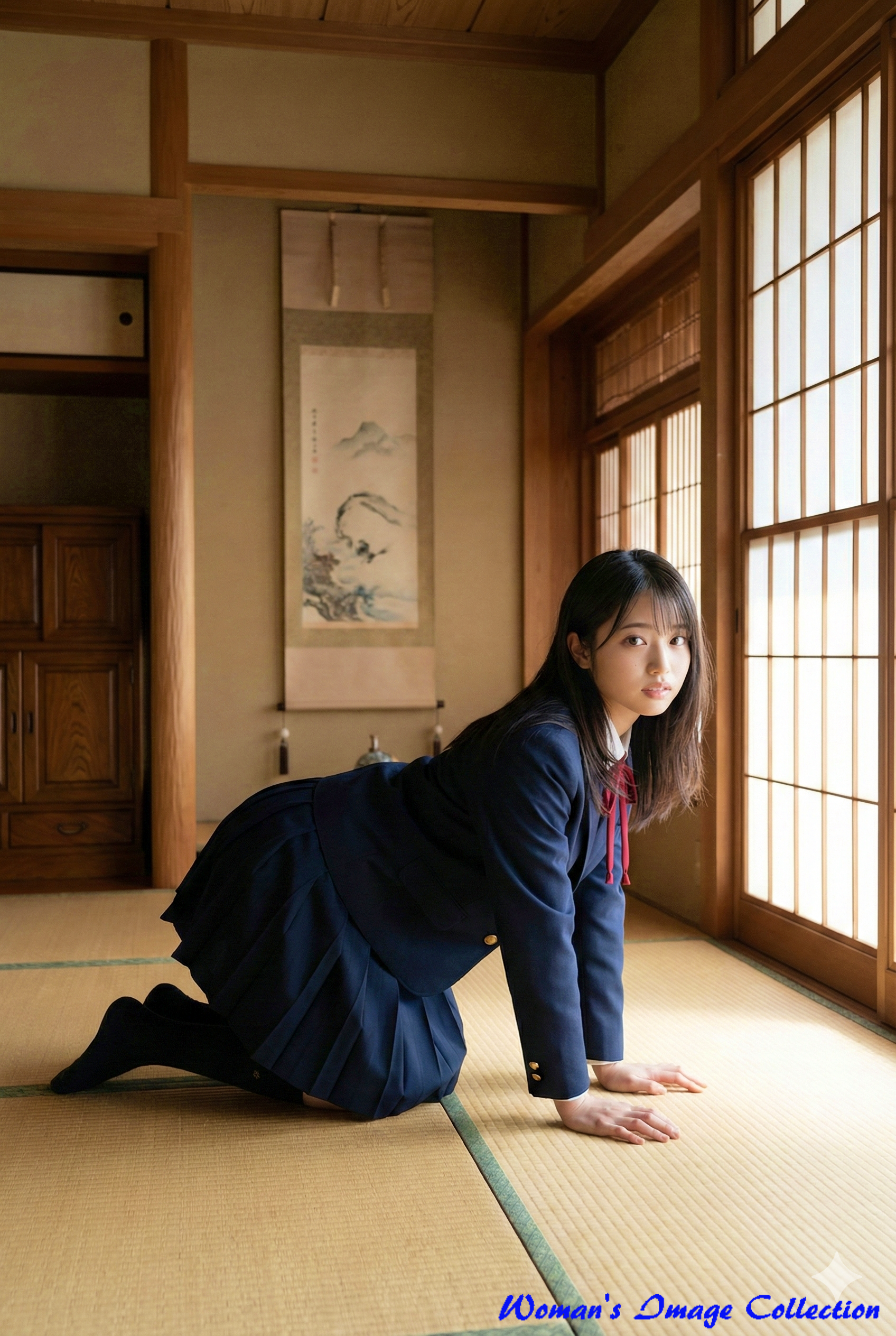 和室で四つん這いになり振り返るブレザー姿の女子高生 実写風ポートレート Gemini生成