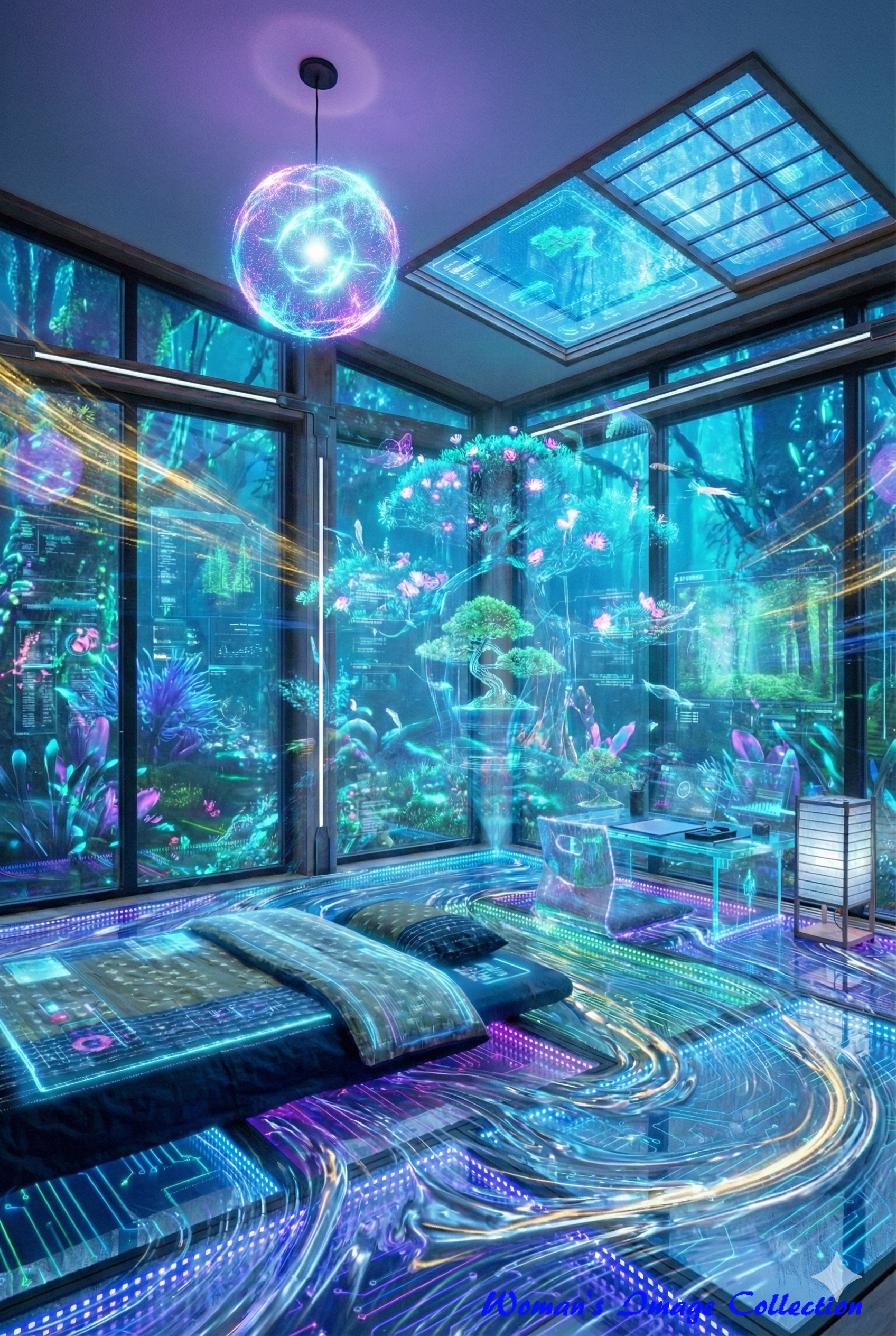 サイバーパンク風にアレンジされた近未来の和室。ホログラムの盆栽とネオンライトが輝く幻想的なSFインテリア。