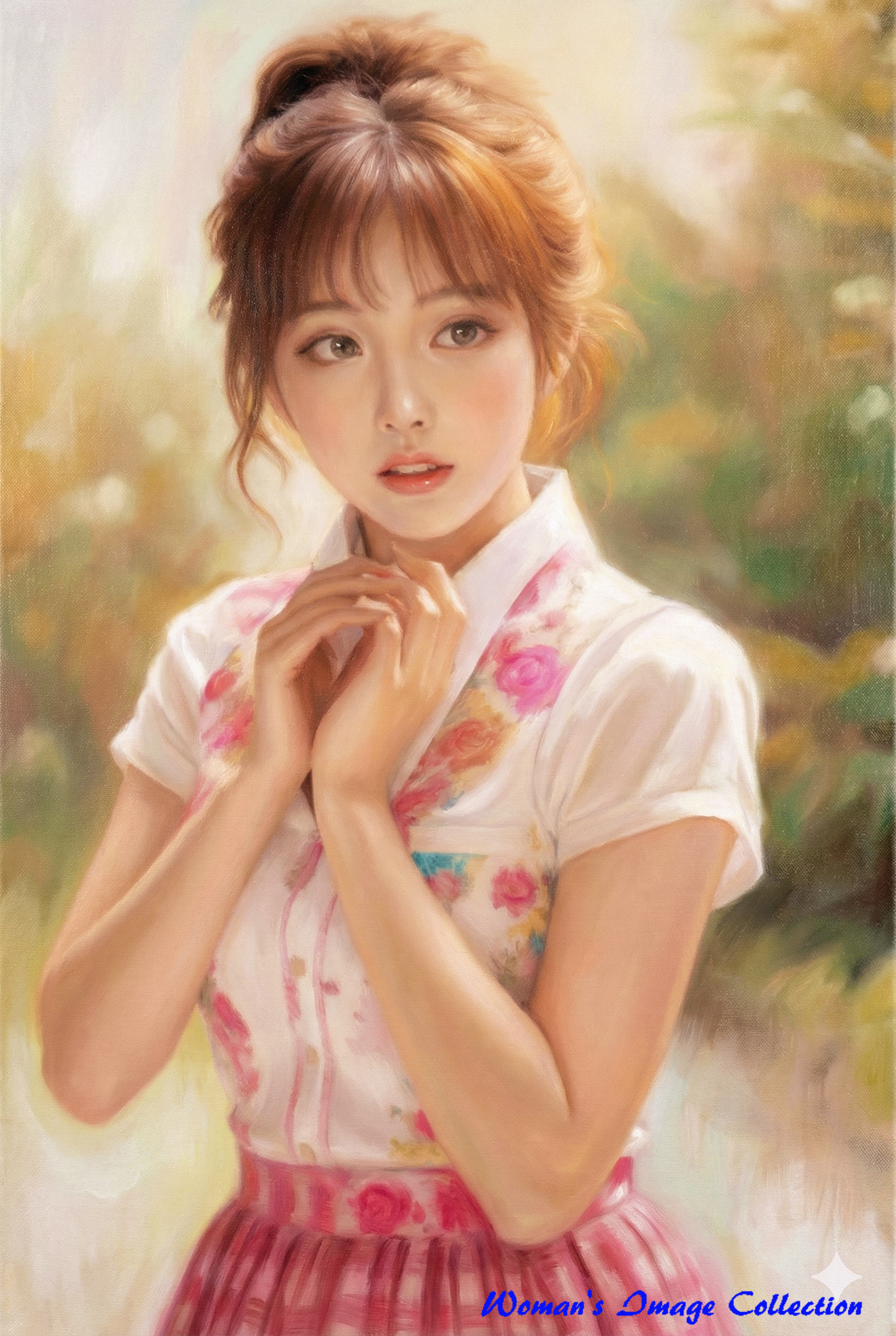 柔らかな光に包まれた少女のポートレート。油彩の筆致が美しい、透明感あふれるコンセプトアートです。ピンクの花柄と温かみのある背景が、幻想的な世界観を演出。この圧倒的なクオリティを再現するための秘密の設定レシピをブログで公開中です。召喚のコツを掴んで、自分だけの神絵を創り出そう。