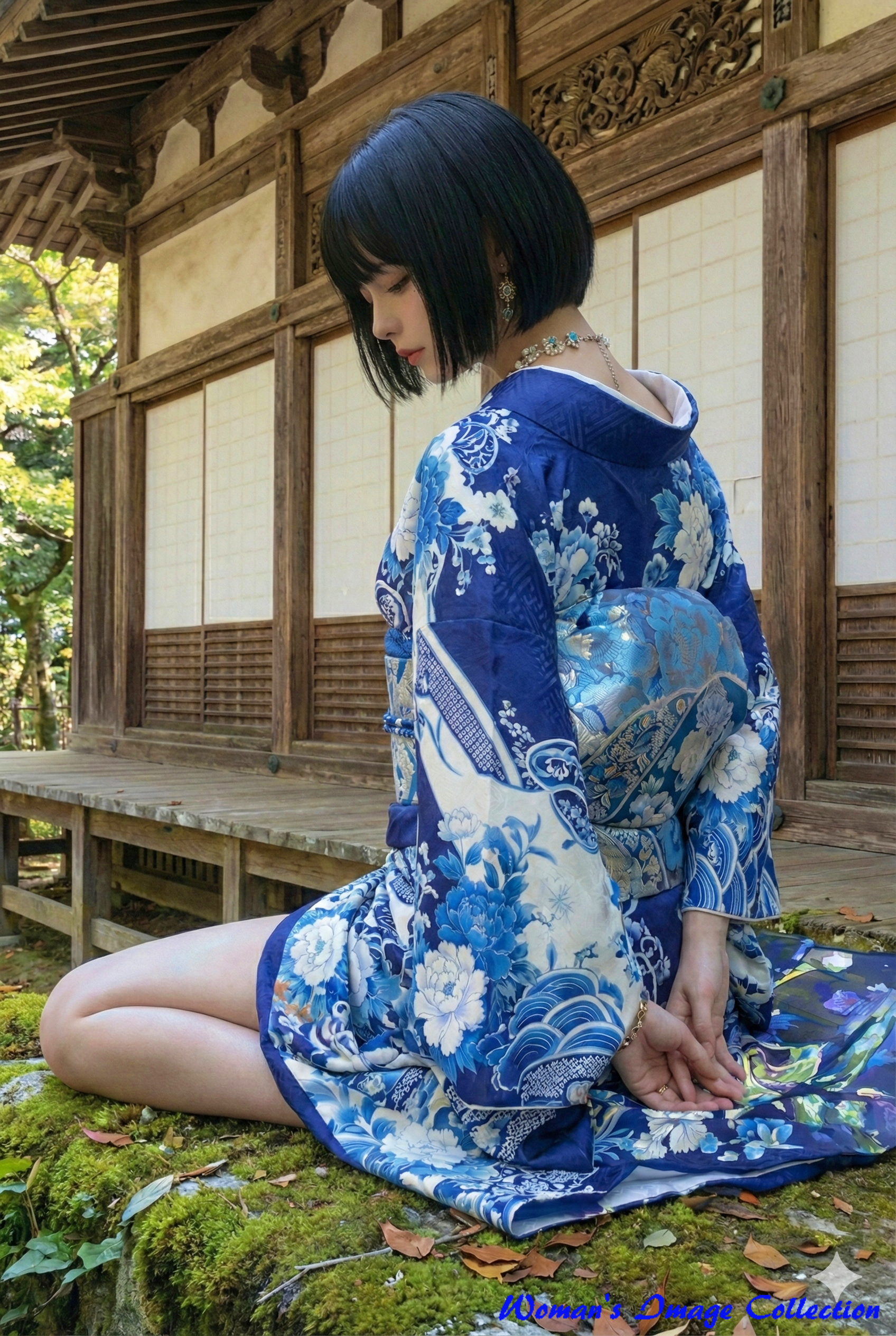 視線を落とした横顔と青い着物の帯の立体感が際立つ女性の画像