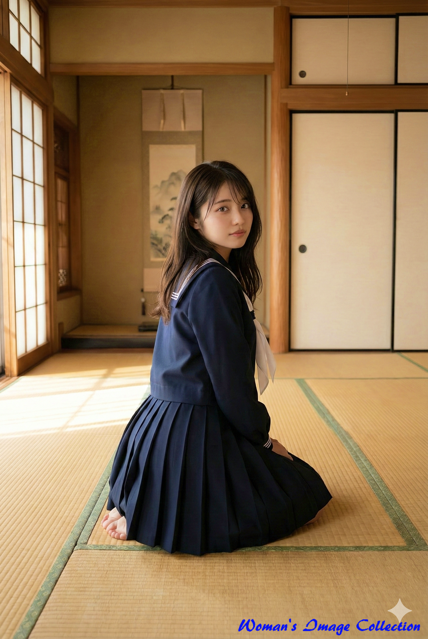 和室で正座して振り返るセーラー服姿の女子高生 実写風ポートレート Gemini生成