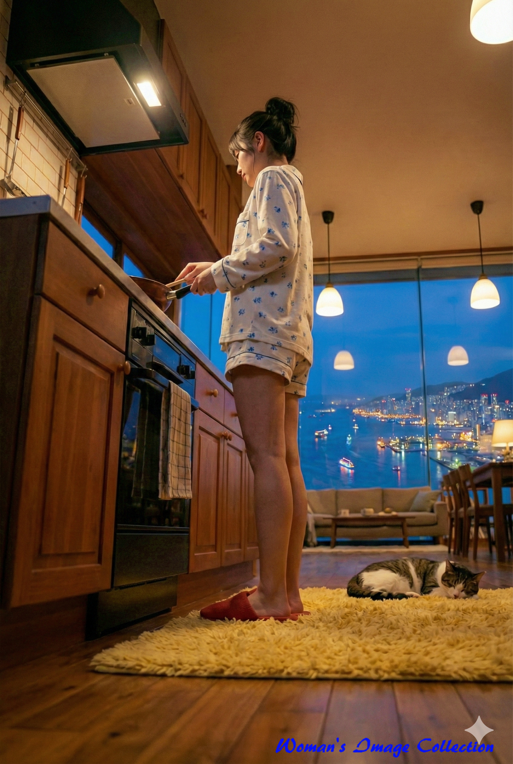 キッチンで調理中の女性を横から撮影、足元の黄色いラグで眠る猫