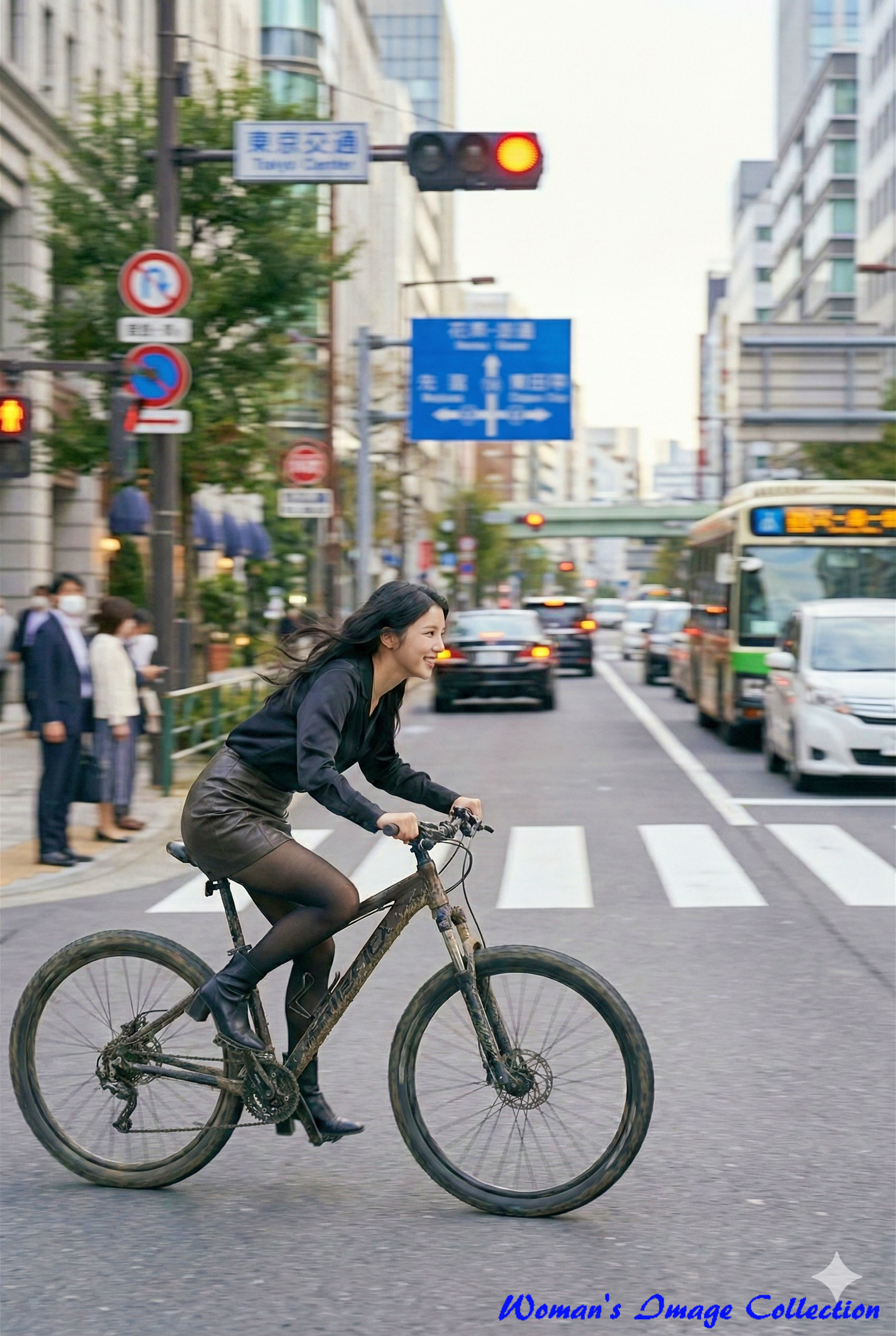 東京の街中をマウンテンバイクで疾走する、サテンブラウスを着た女性。背景にバスや信号機。