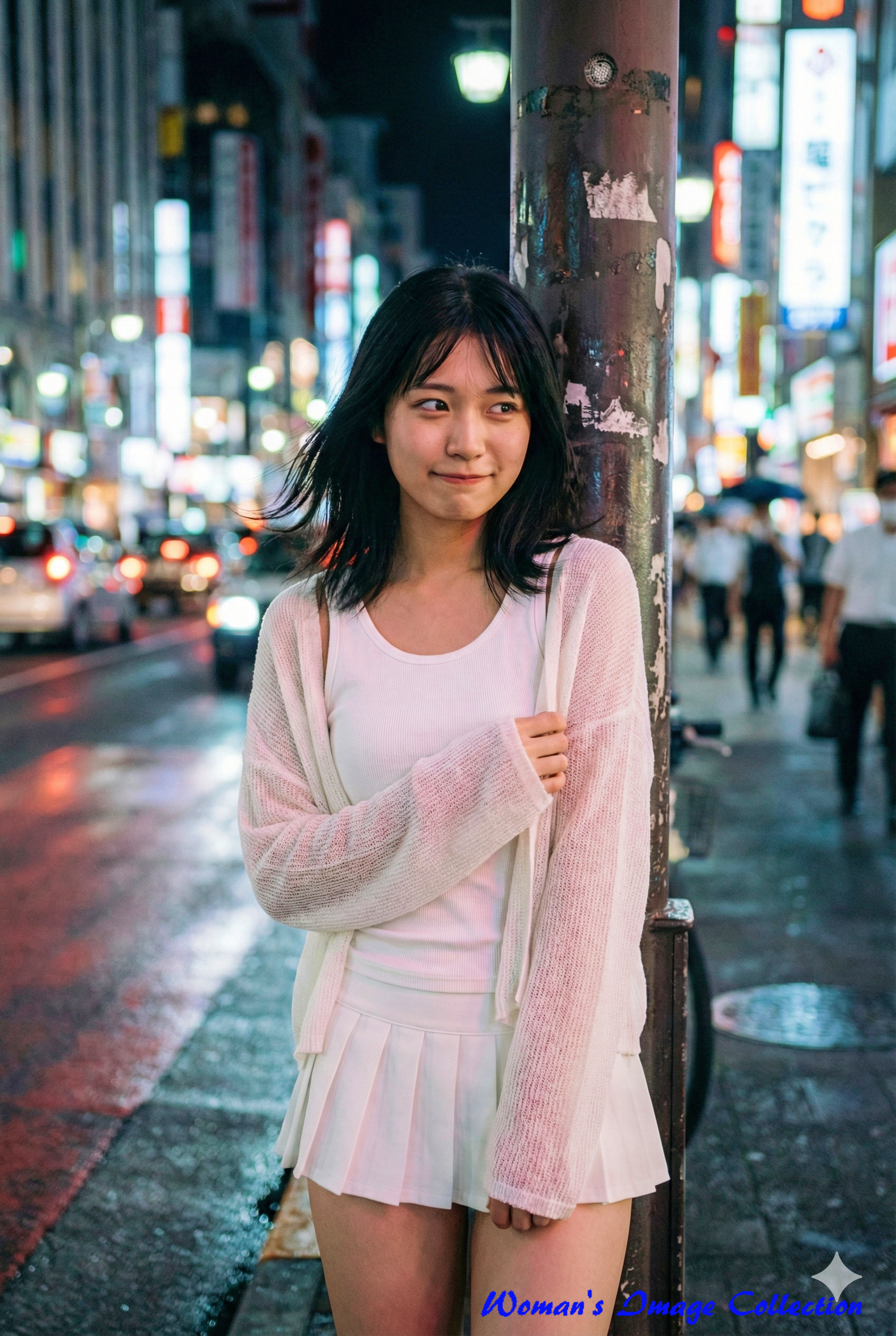 白いタンクトップに白いプリーツミニスカートへ服装を変更した女性の全身。