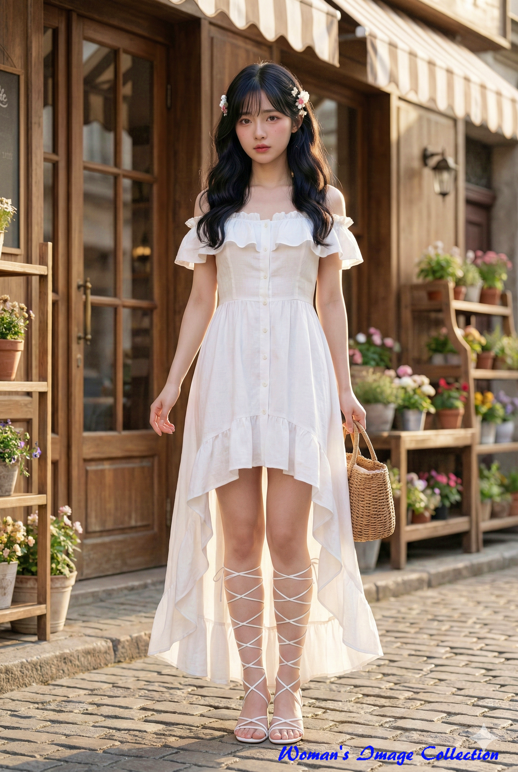 白いハイロー・フリルミニドレスを着て笑顔で立つ20代の日本人女性。背景には木製のカフェと石畳。写実的なスタイル。