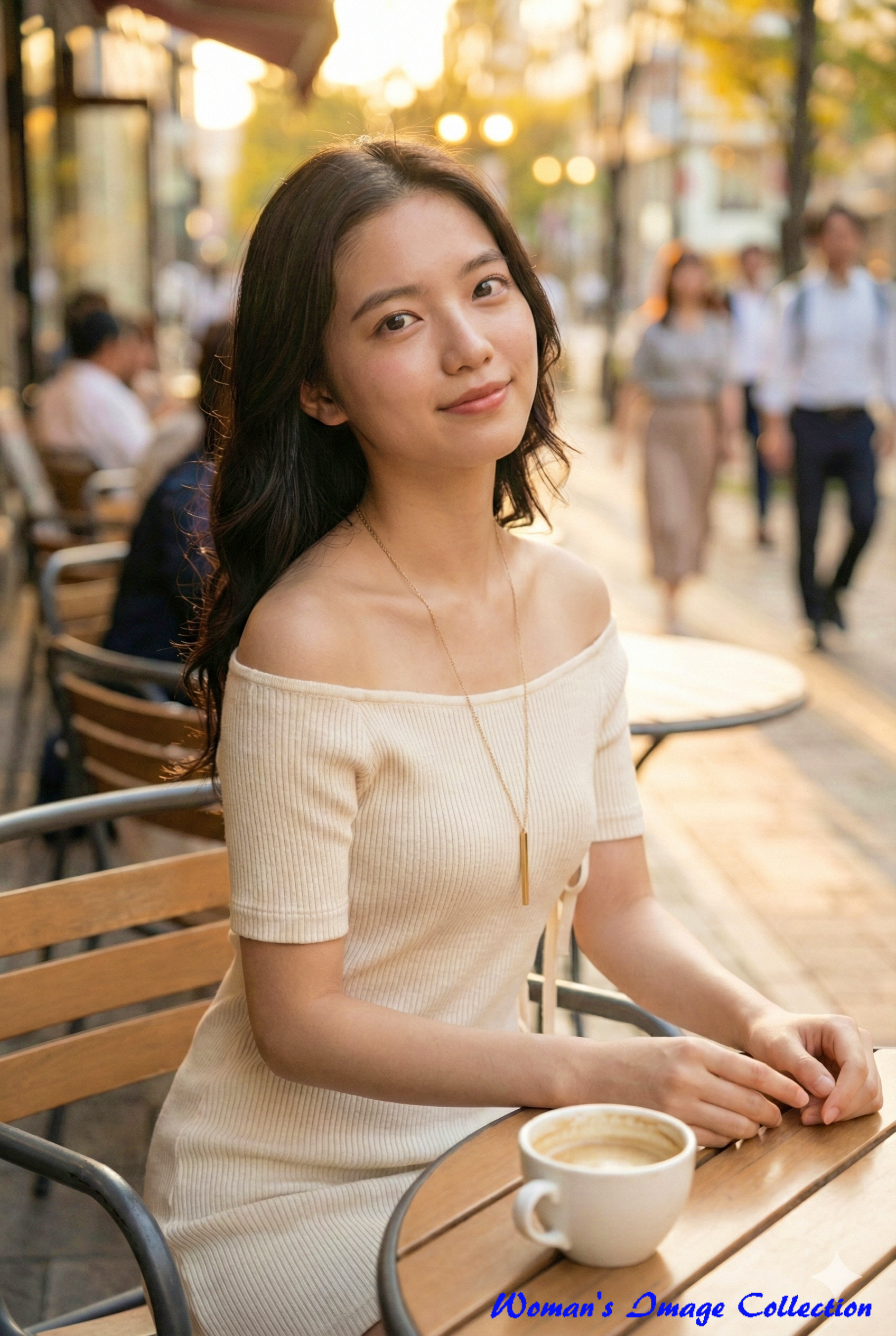 夕暮れのカフェテラス席で微笑む白いオフショルダーワンピースの女性の実写風画像（AI生成）