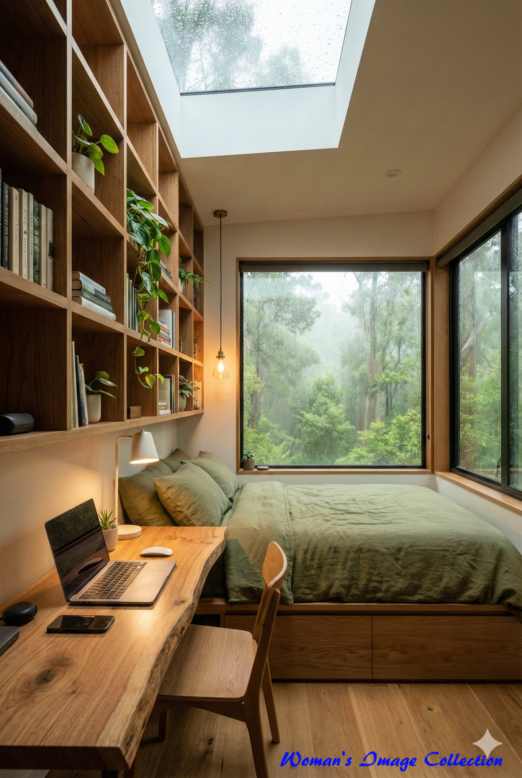 緑豊かな森に囲まれた寝室。本棚から植物が垂れ下がり、自然と調和したインテリアデザイン。