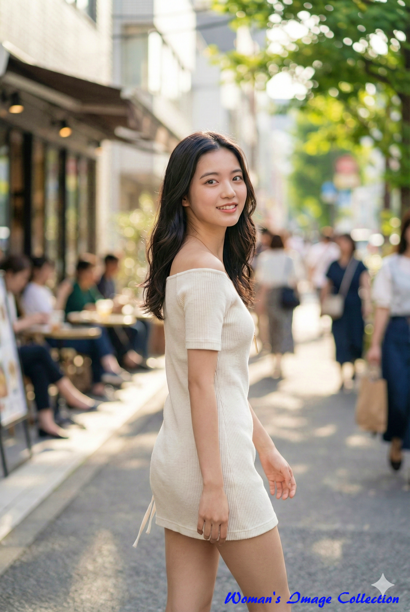 街中を歩きながら振り返る白いワンピースの女性のポートレート画像（AI生成）