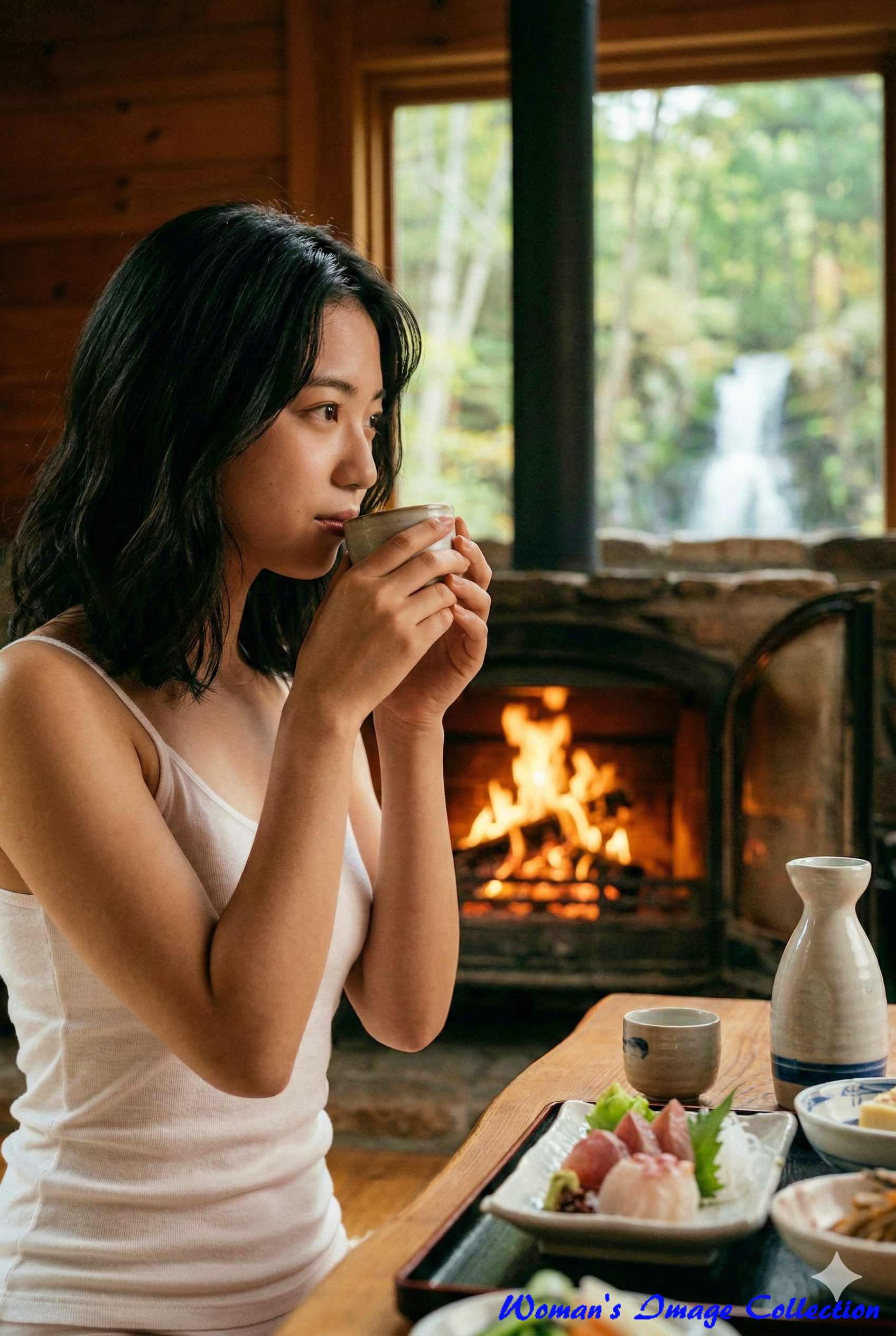 暖炉の柔らかな光に照らされながら盃を口元に運ぶ女性の横顔アップ。