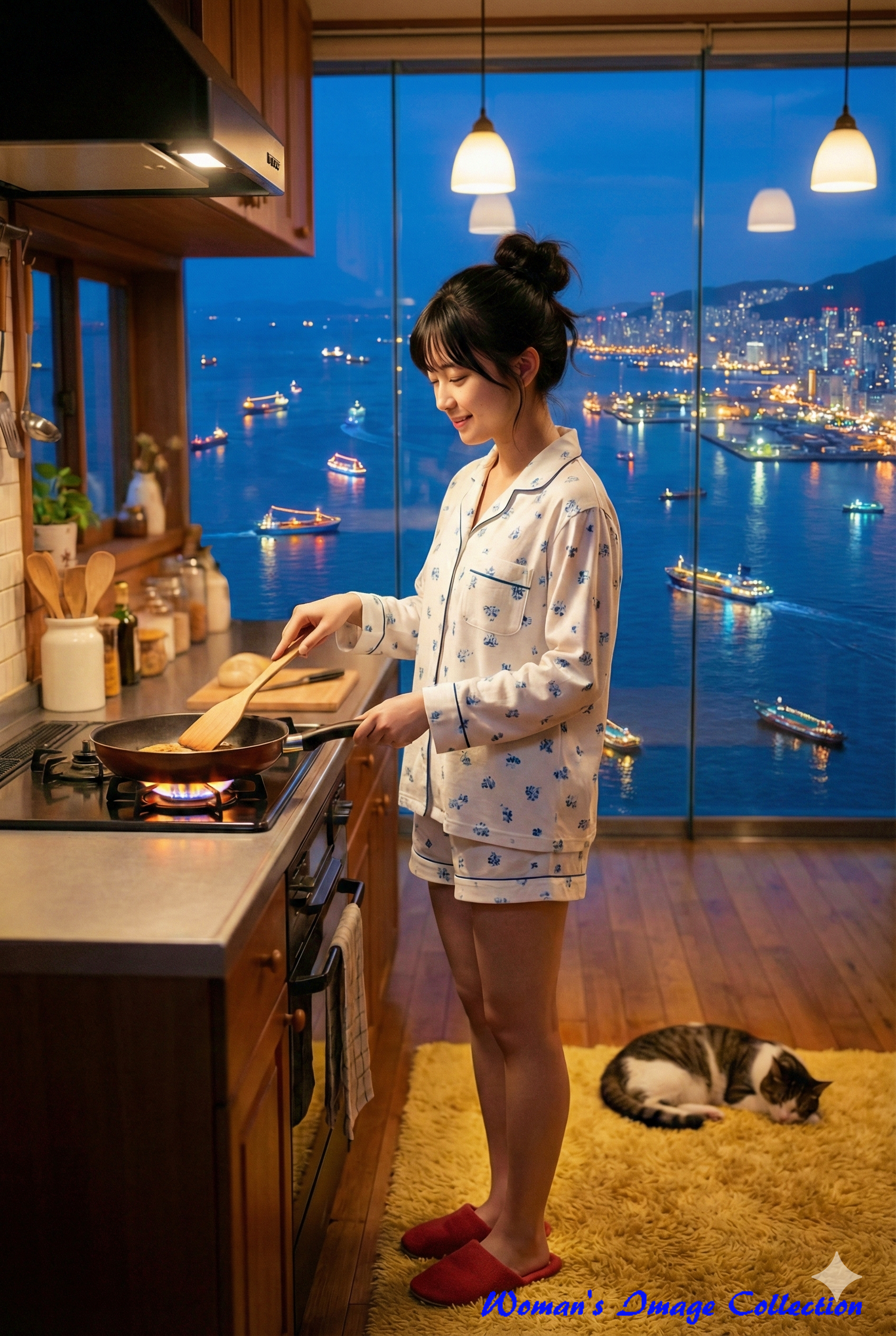 窓の外に広がる港と都会の夜景をバックにキッチンに立つパジャマ姿の女性