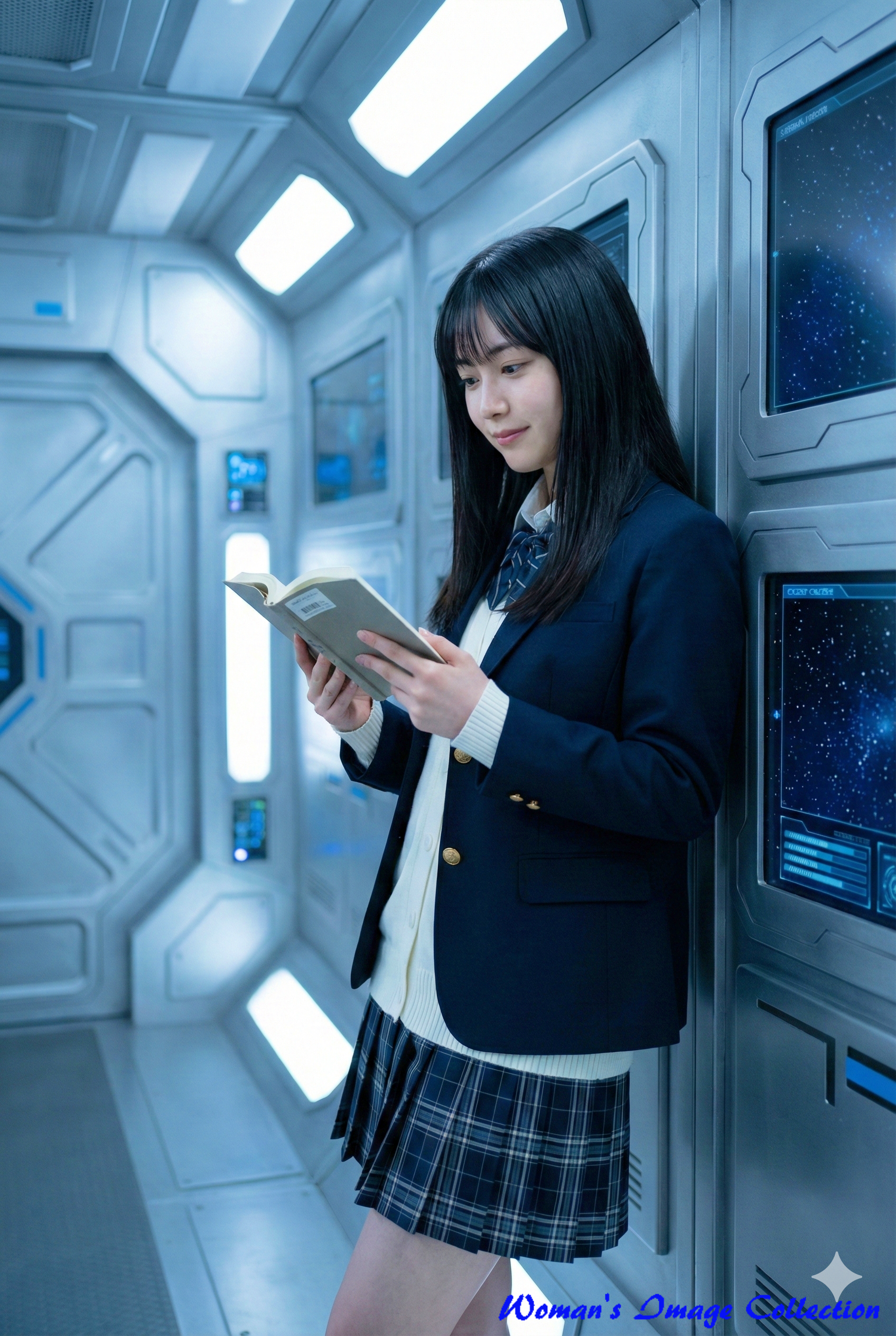 星図モニターが並ぶ宇宙船の通路で微笑みながら読書をする制服姿の女子高生