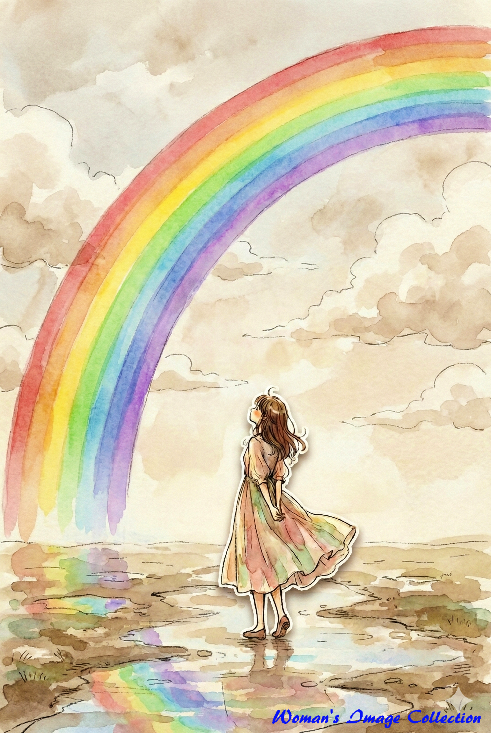 同一のキャラクターが別の色彩の背景の前に立つ水彩画風イラスト、色調の変更