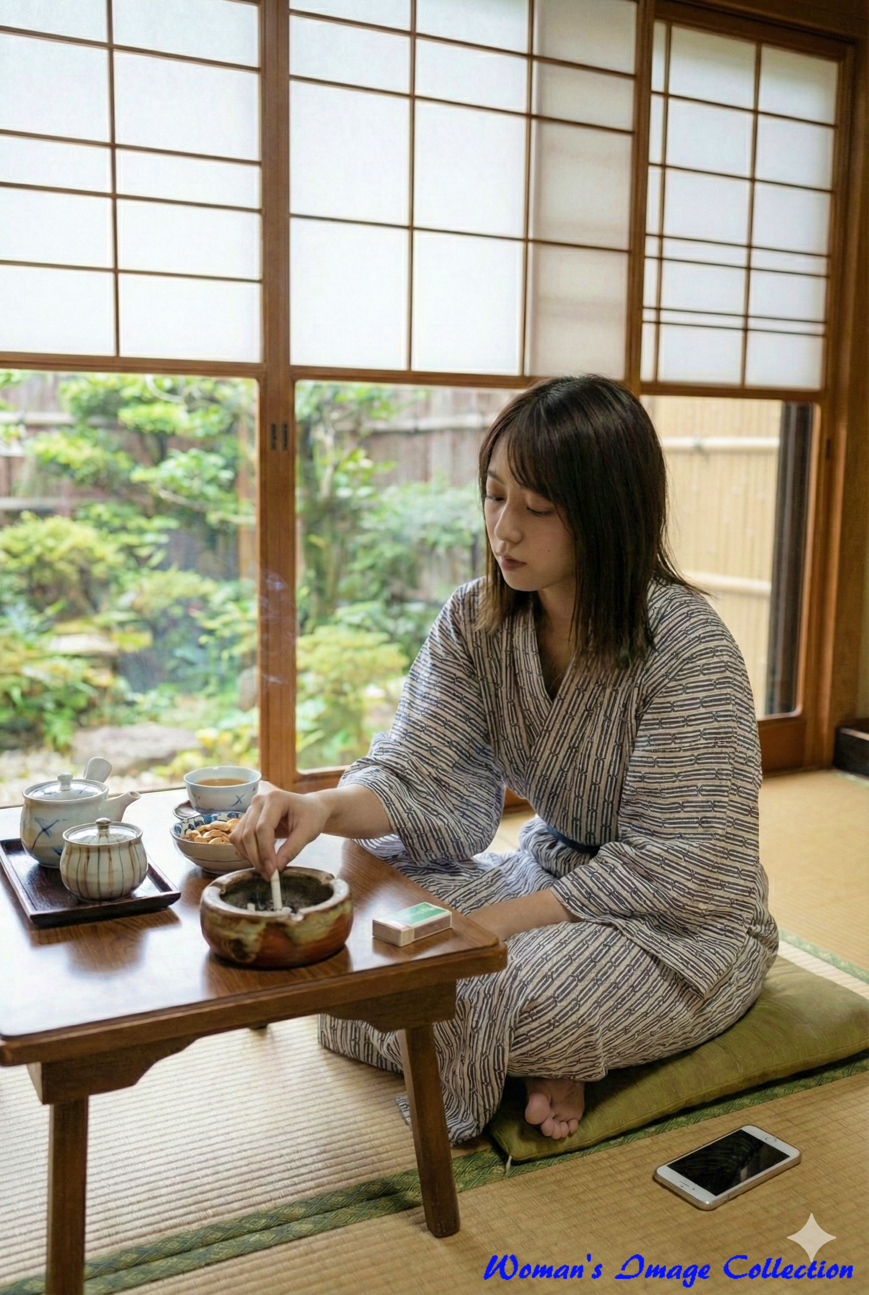 畳にスマートフォンを置き、ちゃぶ台の灰皿にタバコの灰を落とす浴衣姿の女性