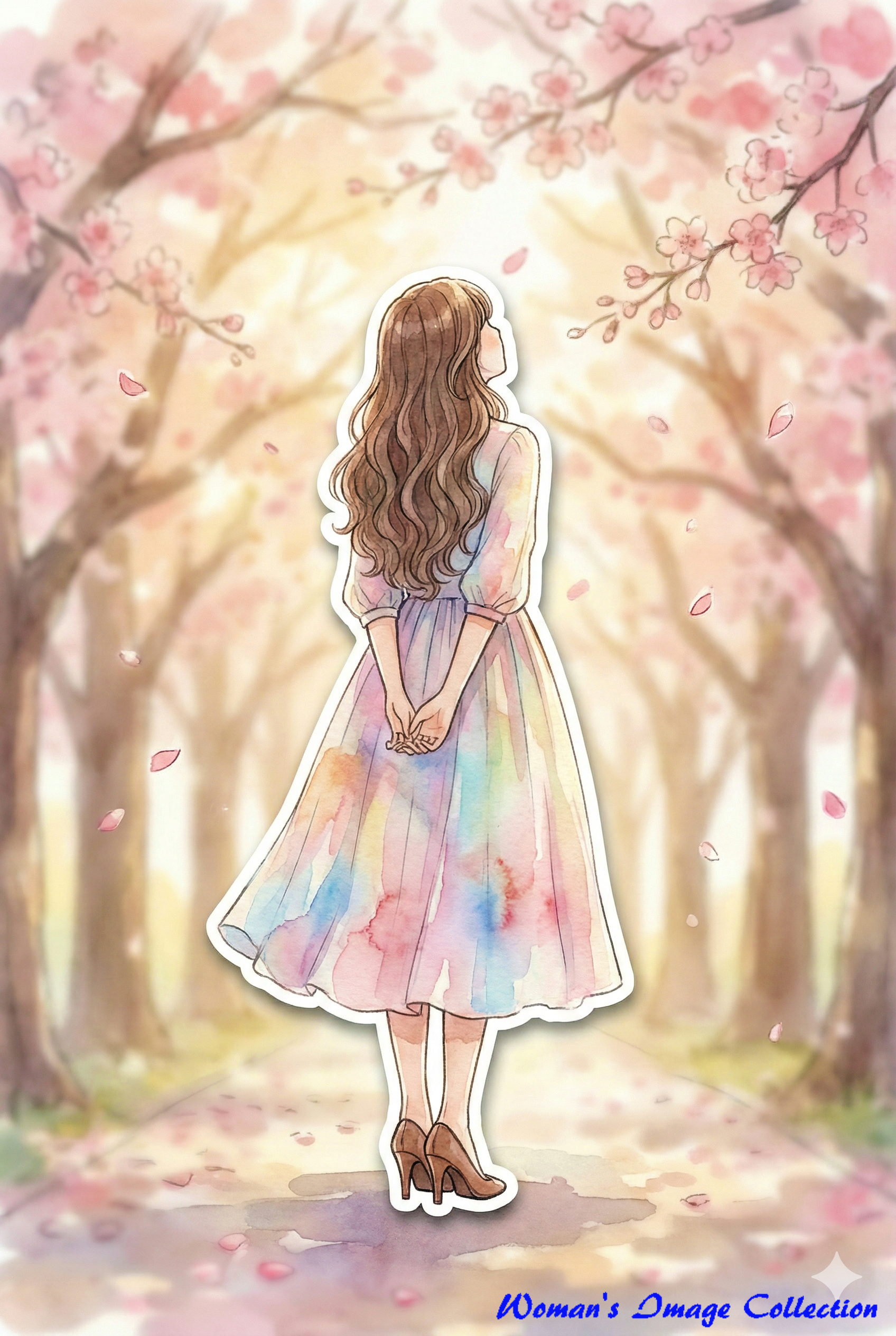 満開の桜並木を見上げるパステルカラーのワンピースを着た女性の後ろ姿、切り絵風の水彩画スタイル