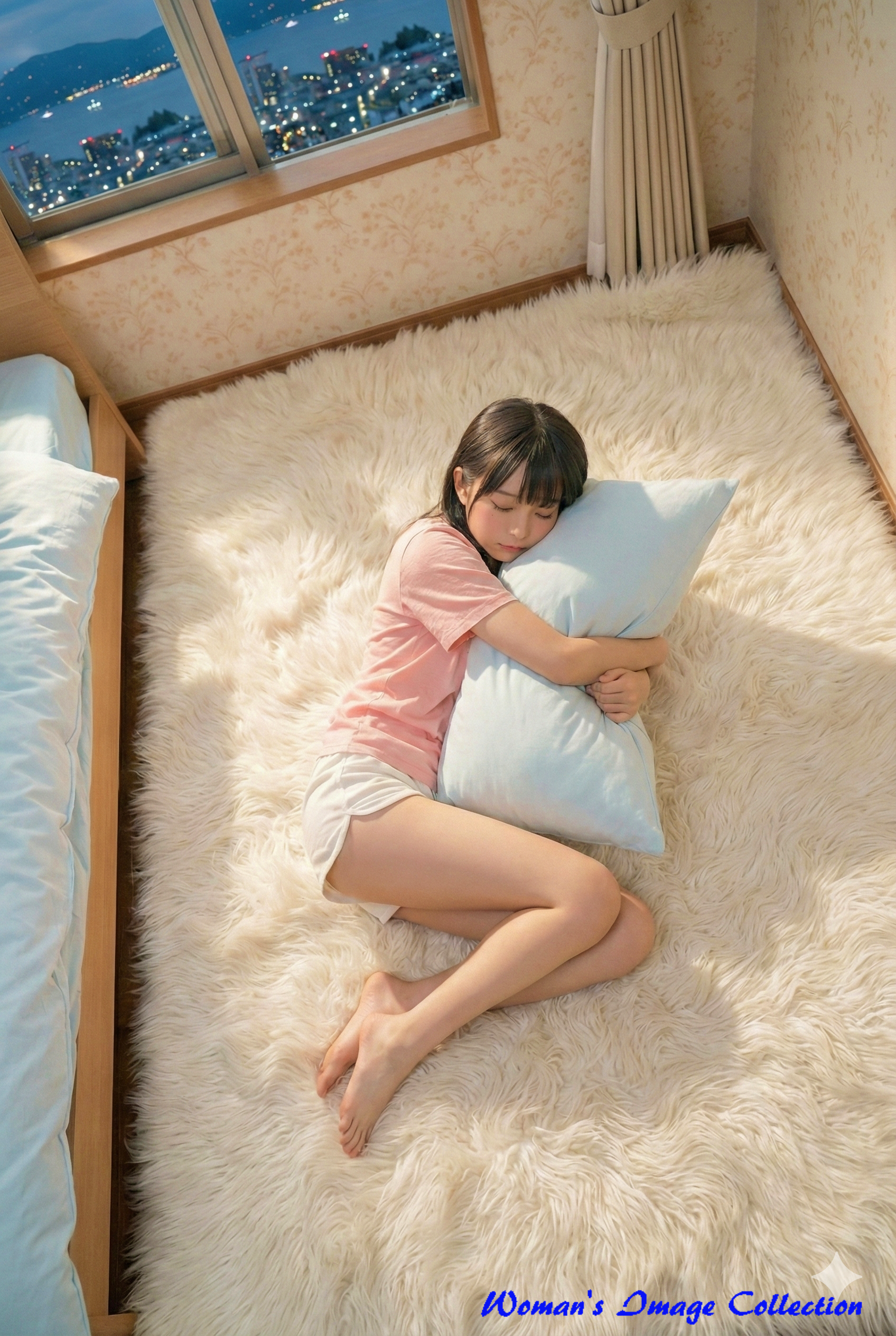 水色のクッションを抱きしめてシャギーラグに座る日本の女性、背景に広がる夜景と室内照明のミックス、リアルな写真スタイル、Gemini使用