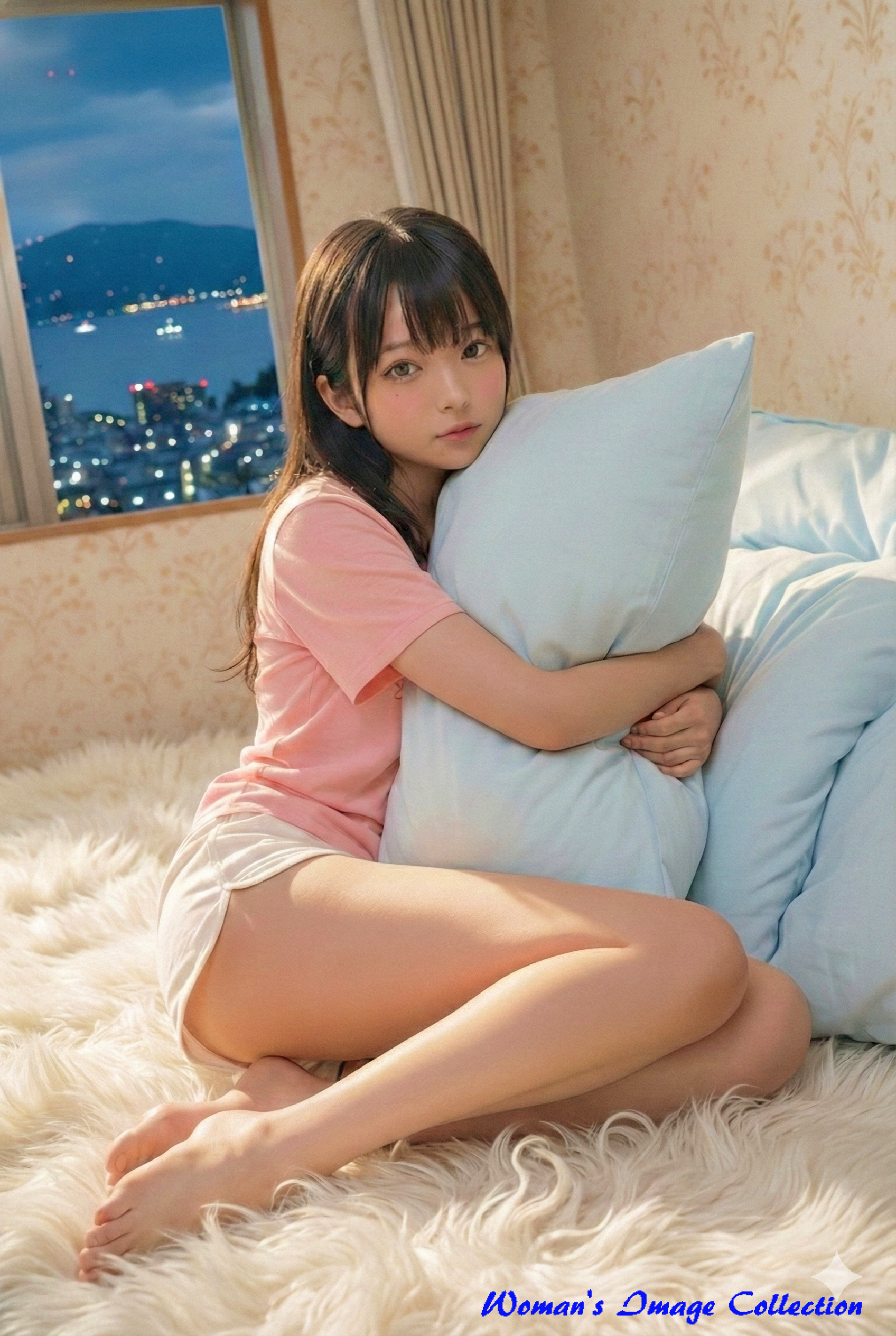 水色のクッションを抱きしめてシャギーラグに座る日本の女性、背景に広がる夜景と室内照明のミックス、リアルな写真スタイル、Gemini使用