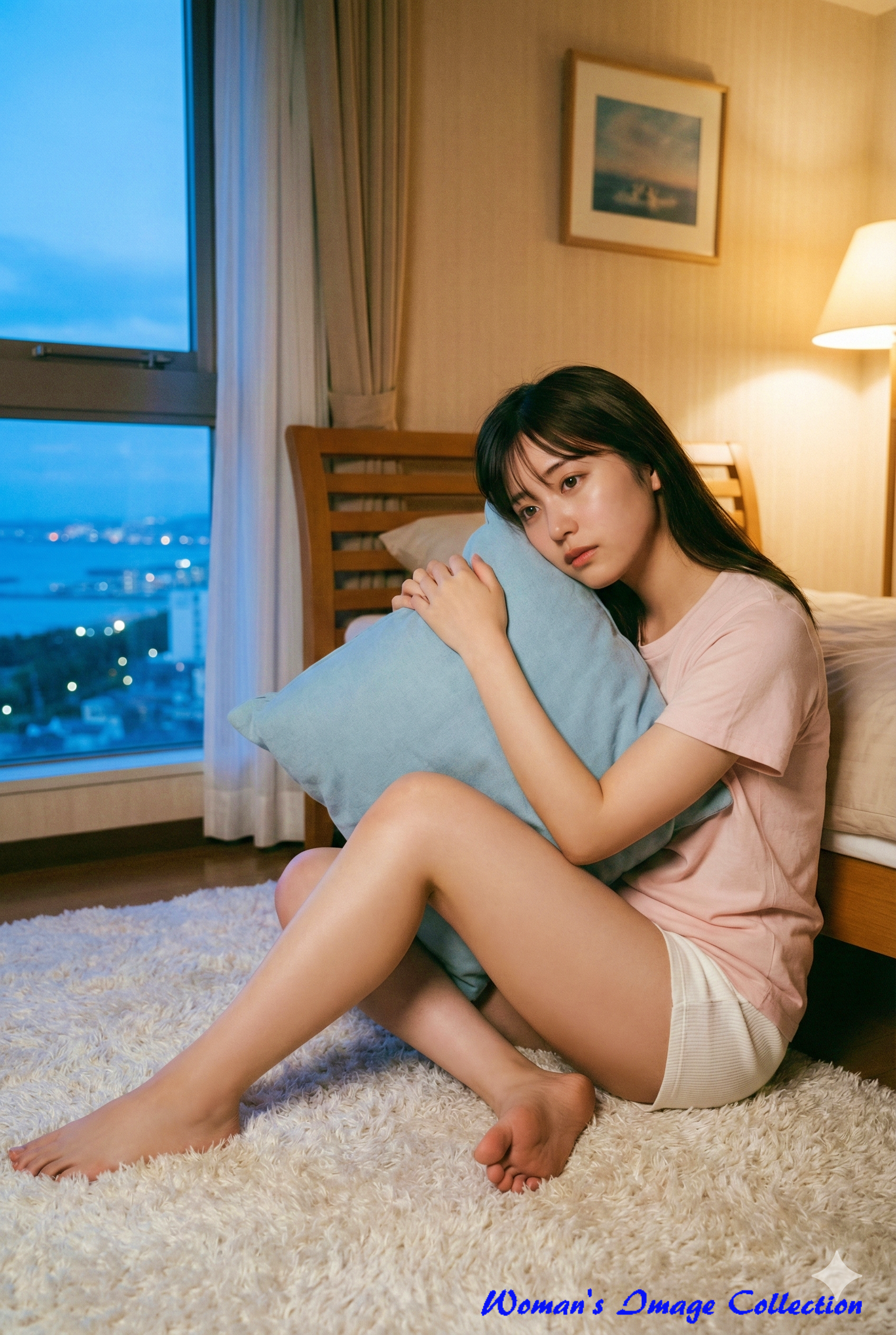 水色のクッションを抱きしめてシャギーラグに座る日本の女性、背景に広がる夜景と室内照明のミックス、リアルな写真スタイル、Gemini使用