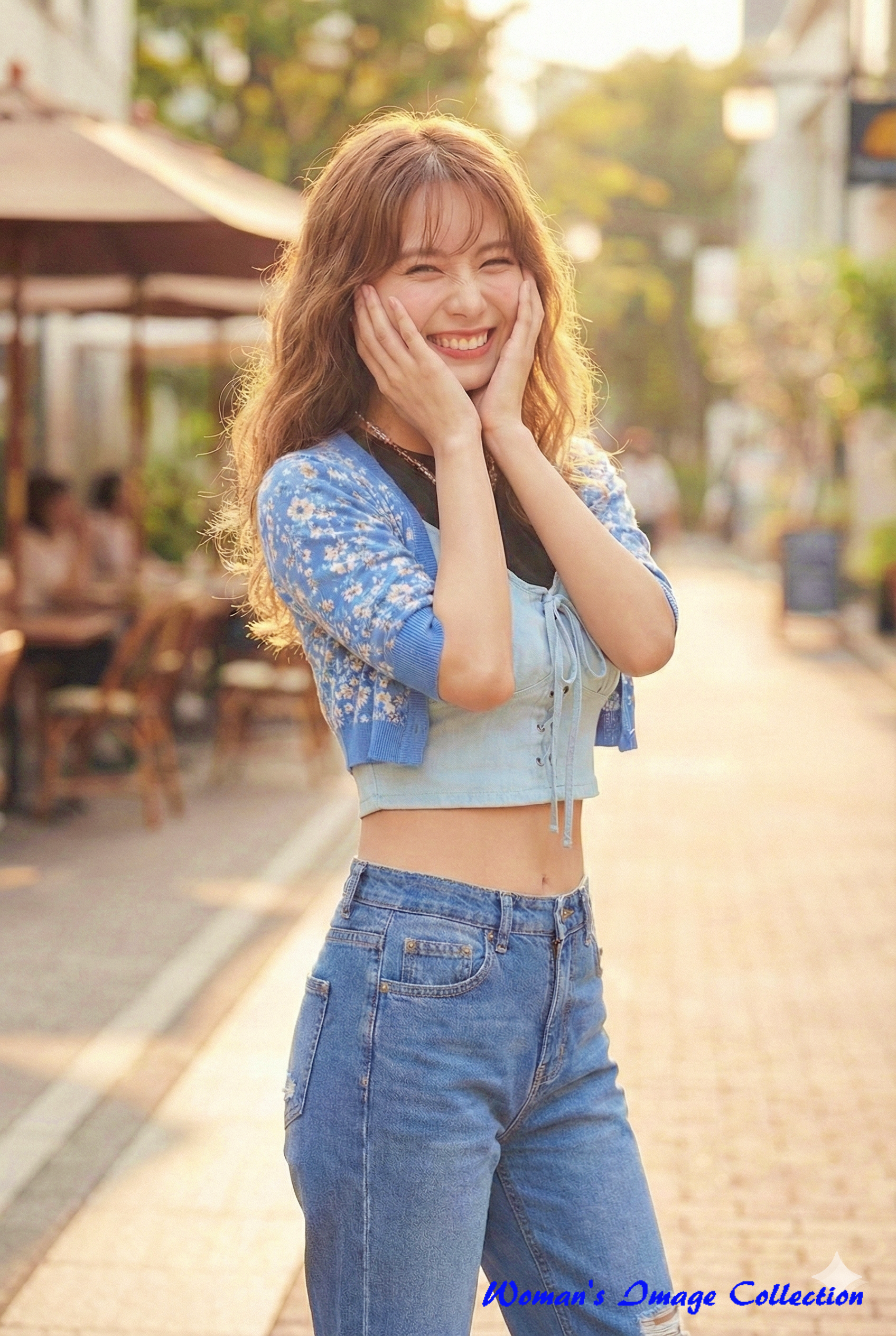 屋外の通りで両手を頬に当てて笑う日本人女性、青い花柄のカーディガンとデニム、逆光のライティング。
