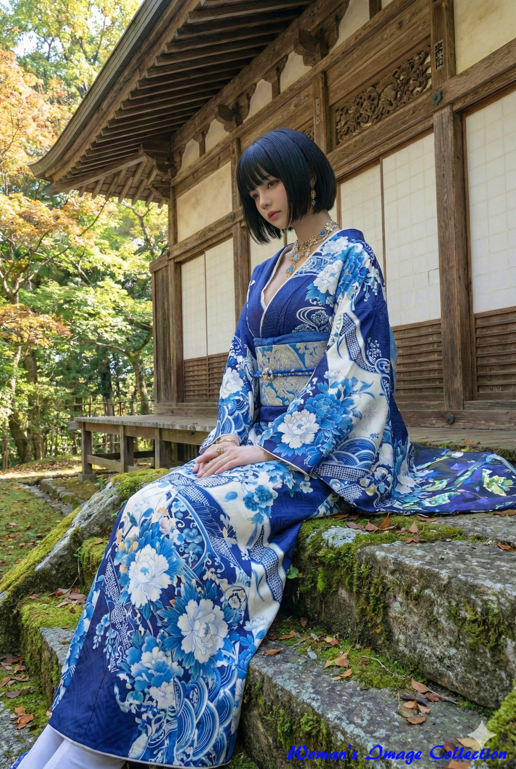 木造建築の縁側の石段に座る青い着物を着た女性の横顔のポートレート画像