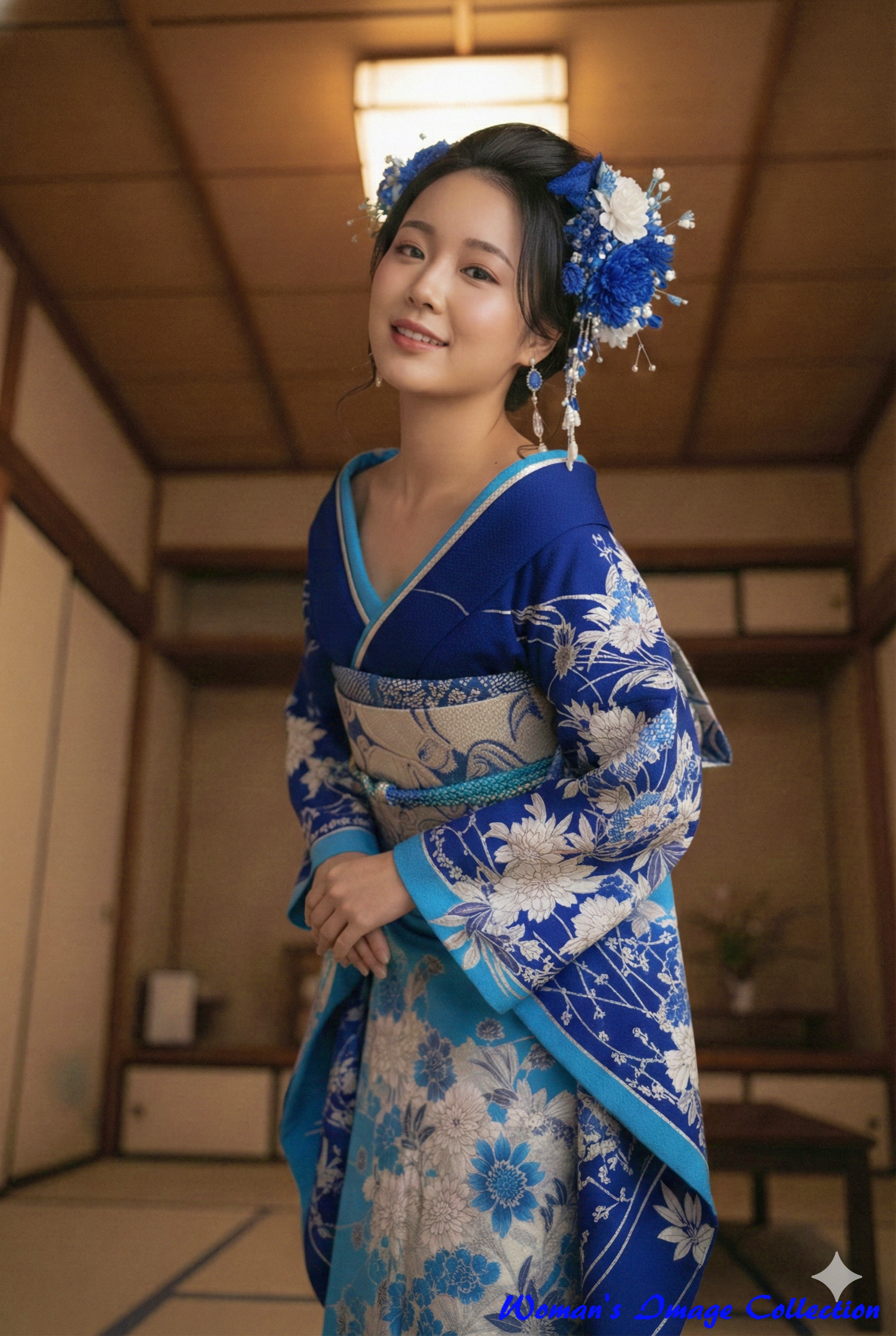 和室に立ち微笑む青い着物姿の女性