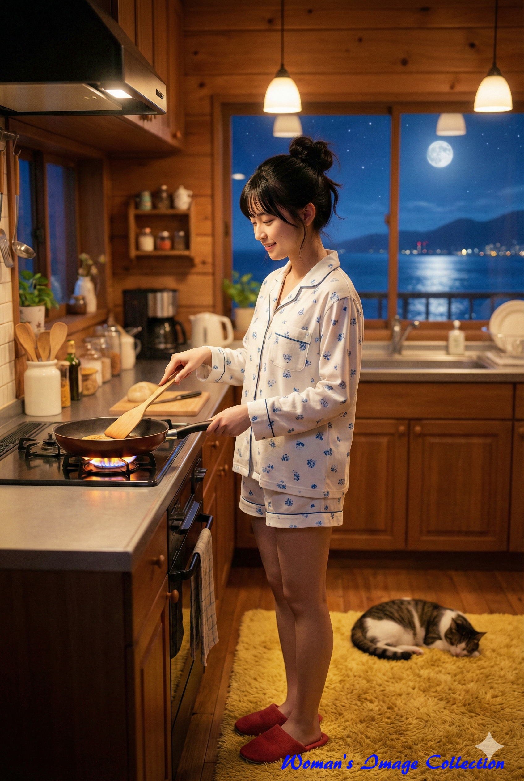 満月の夜、木のぬくもりのあるキッチンで料理をするパジャマ姿の女性と眠る猫 Gemini生成