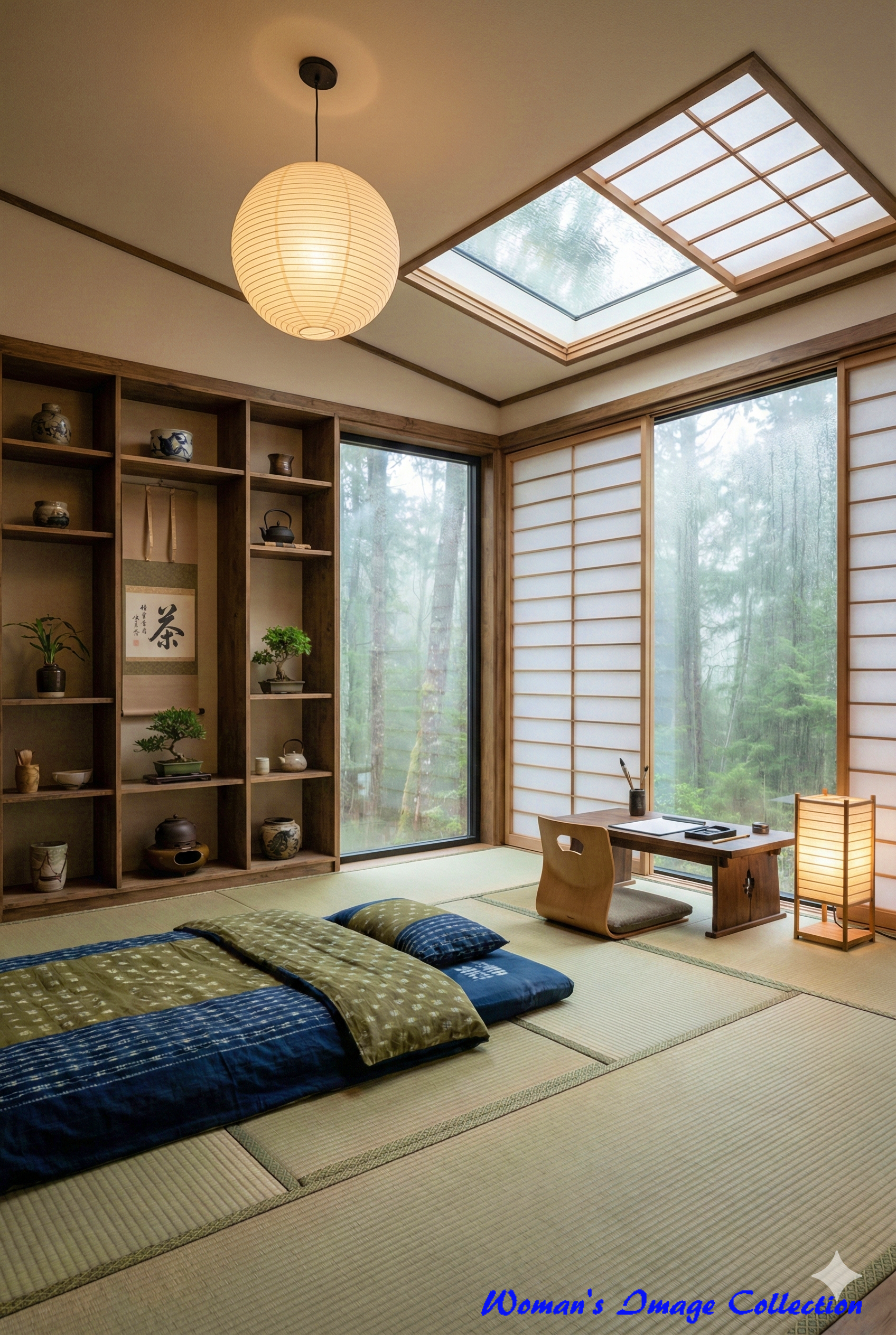 森の中の和室。畳と障子、丸い和紙の照明があり、天窓から光が差し込む静かな空間。