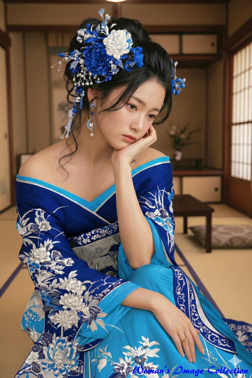 和室で頬杖をつく青い和洋折衷着物を着た女性の超リアルな写真（画像生成AI）