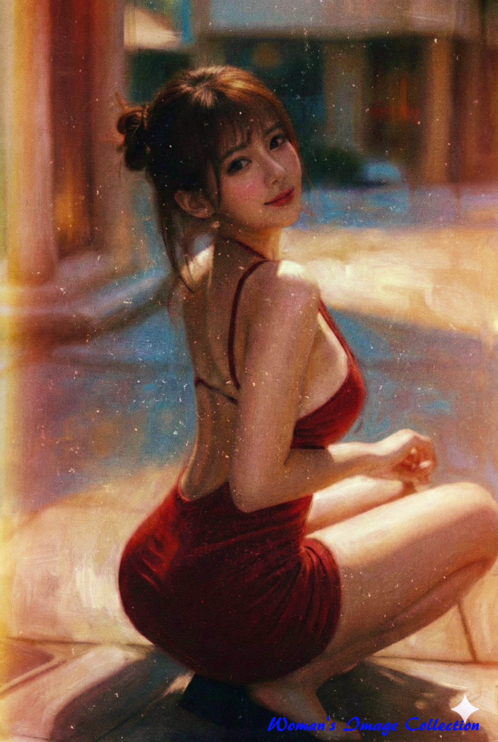 闇に溶け込むような深紅の衣装と、暖かな光が織りなすドラマチックなポートレート。油彩のような重厚な質感とアナログ風の粒子感が、圧倒的な没入感を生むデジタルアートです。視線を奪う構図と大胆な影の使い方はまさに芸術。この作品が持つ独特の世界観とディテールの魅力はブログで詳しく紹介しています。