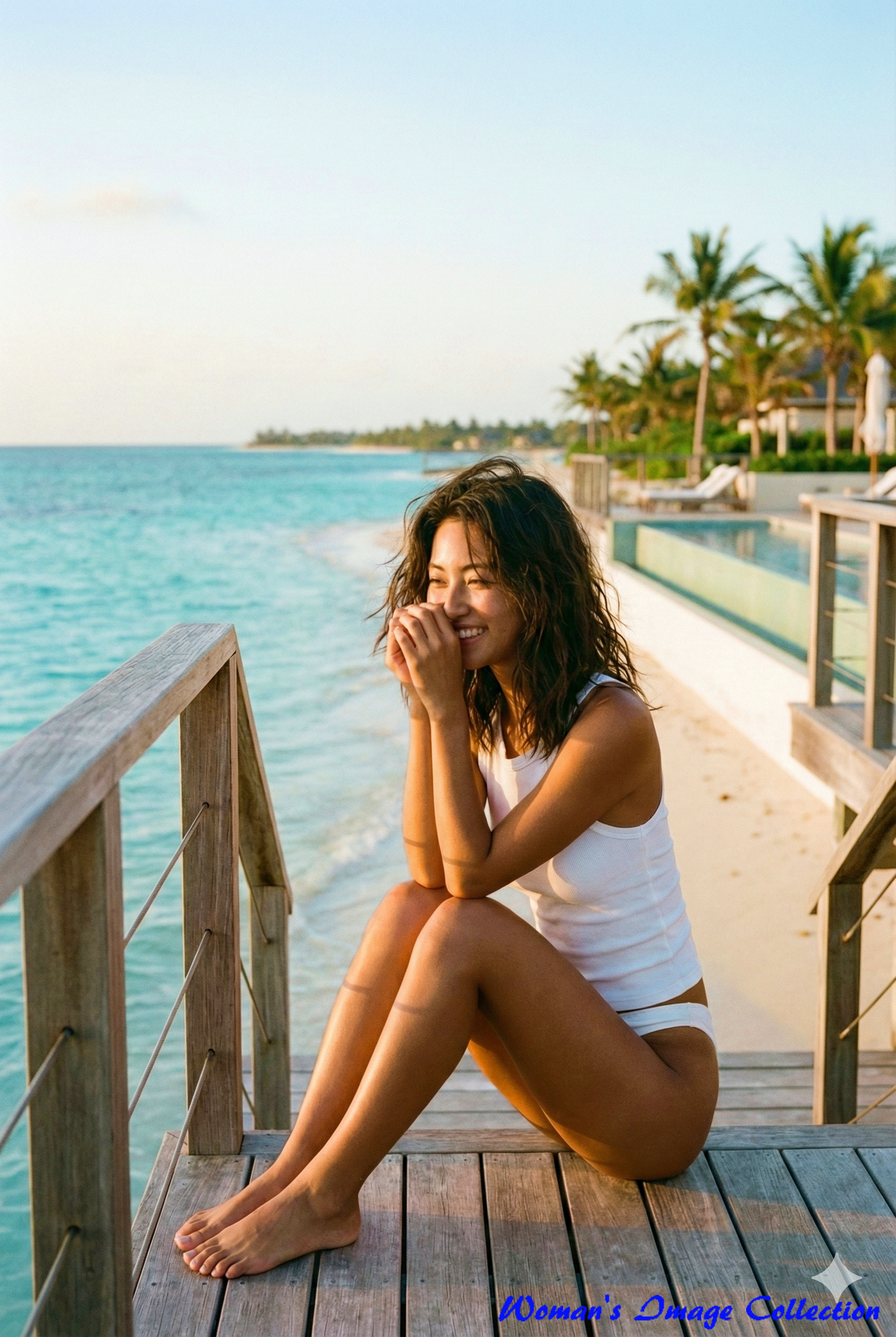 階段に座り両手を口元に当てて楽しそうに笑う女性のポートレート、Gemini生成画像