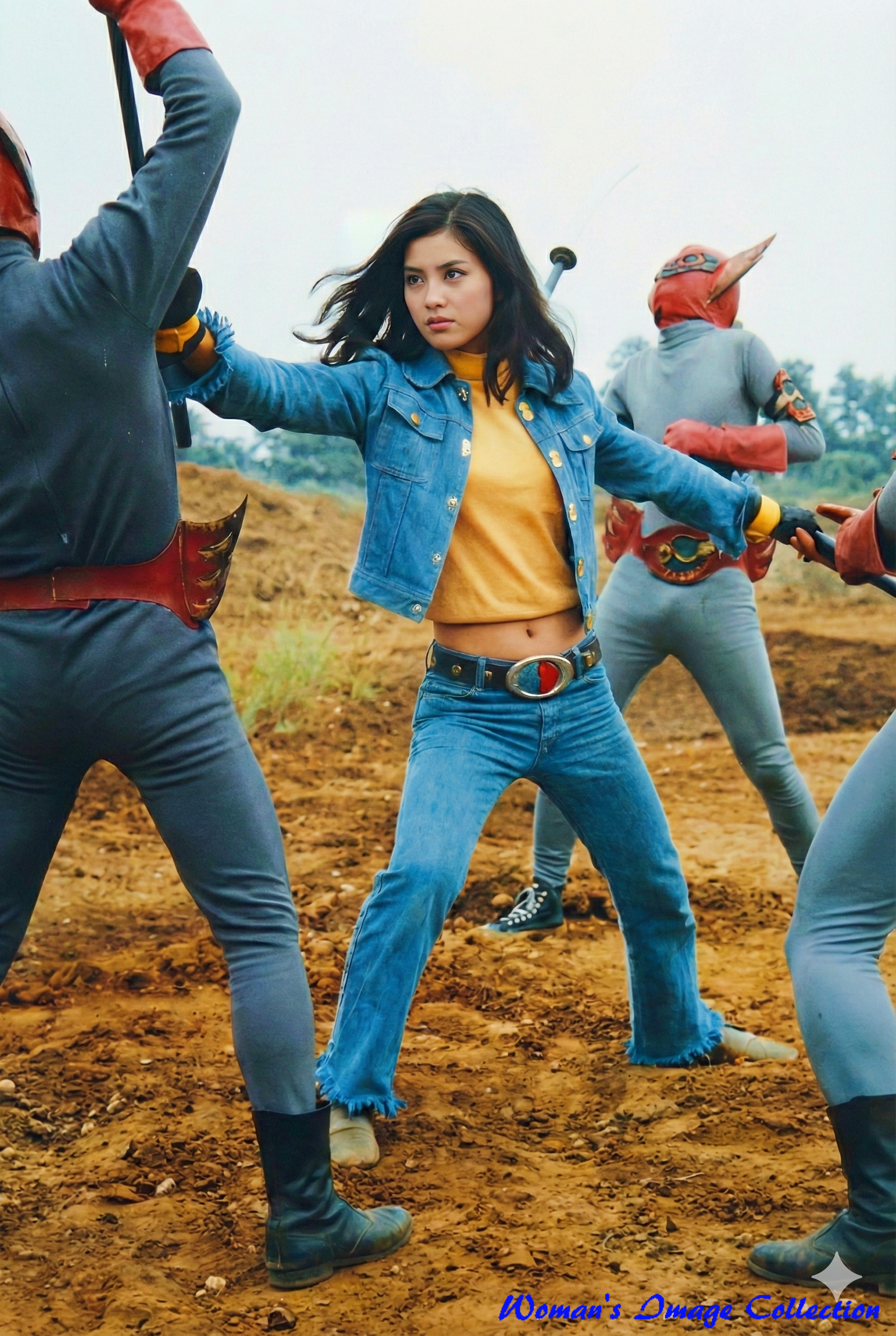 複数の敵の武器を両手で受け止める女性ヒーローの立ち回りシーン Gemini