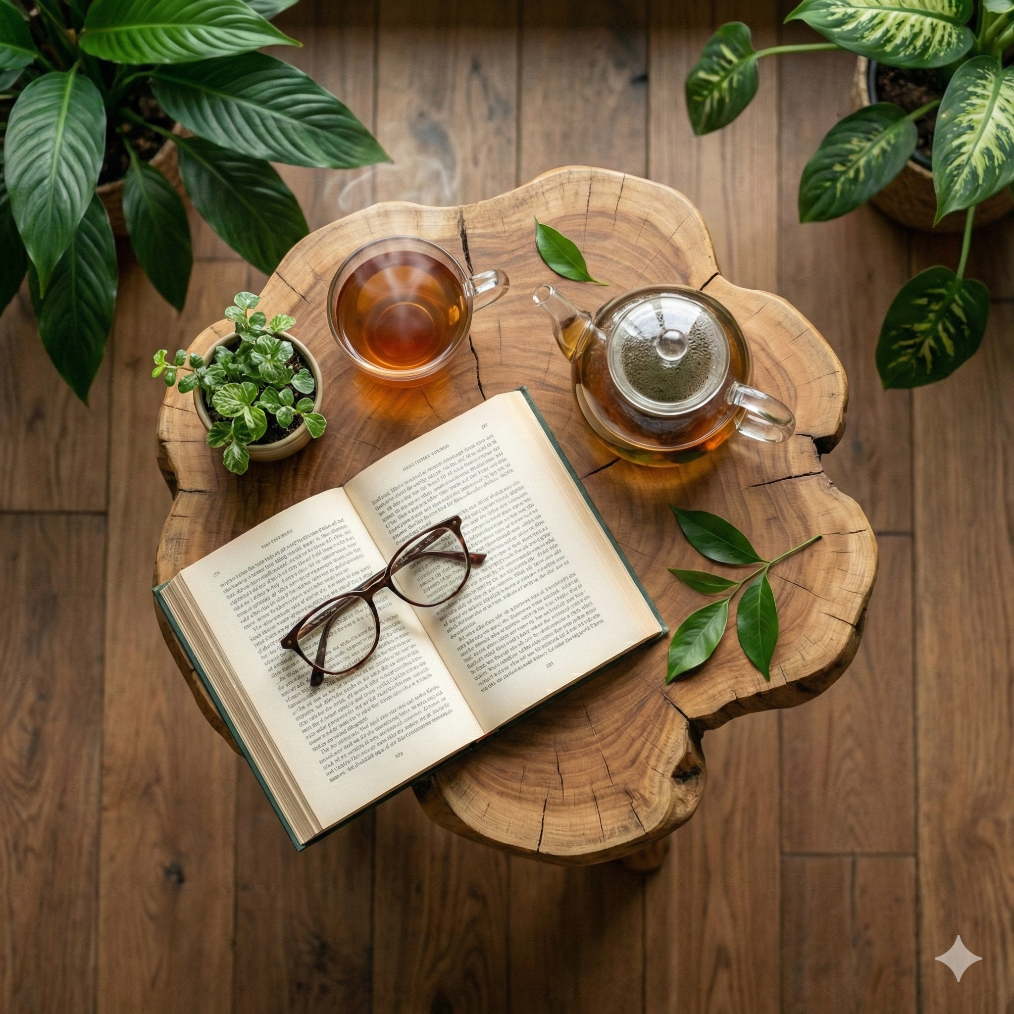 切り株のテーブルの上に置かれた本、眼鏡、ガラスのティーポットとハーブティーの俯瞰図